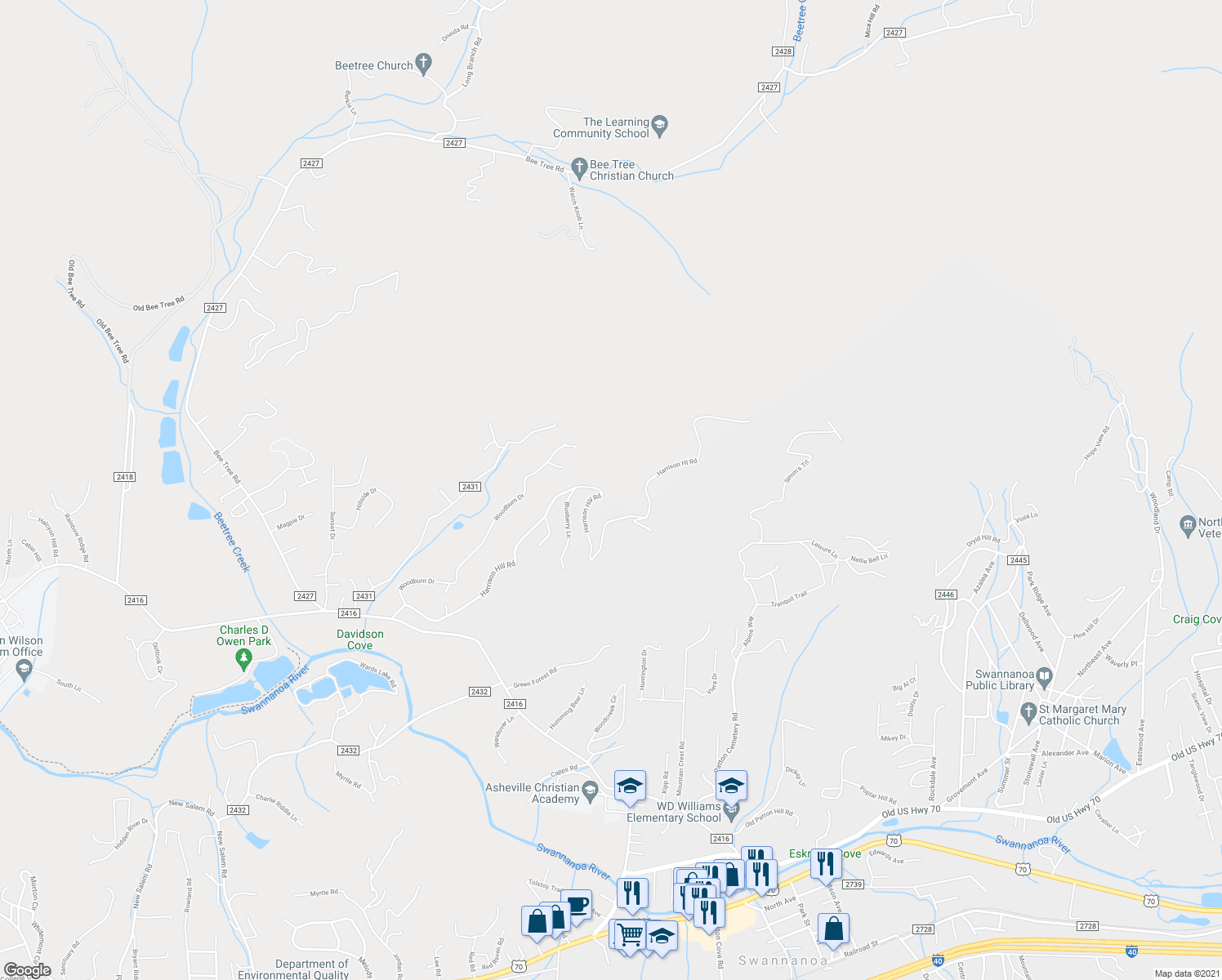 map of restaurants, bars, coffee shops, grocery stores, and more near 198 Harrison Hill Road in Swannanoa