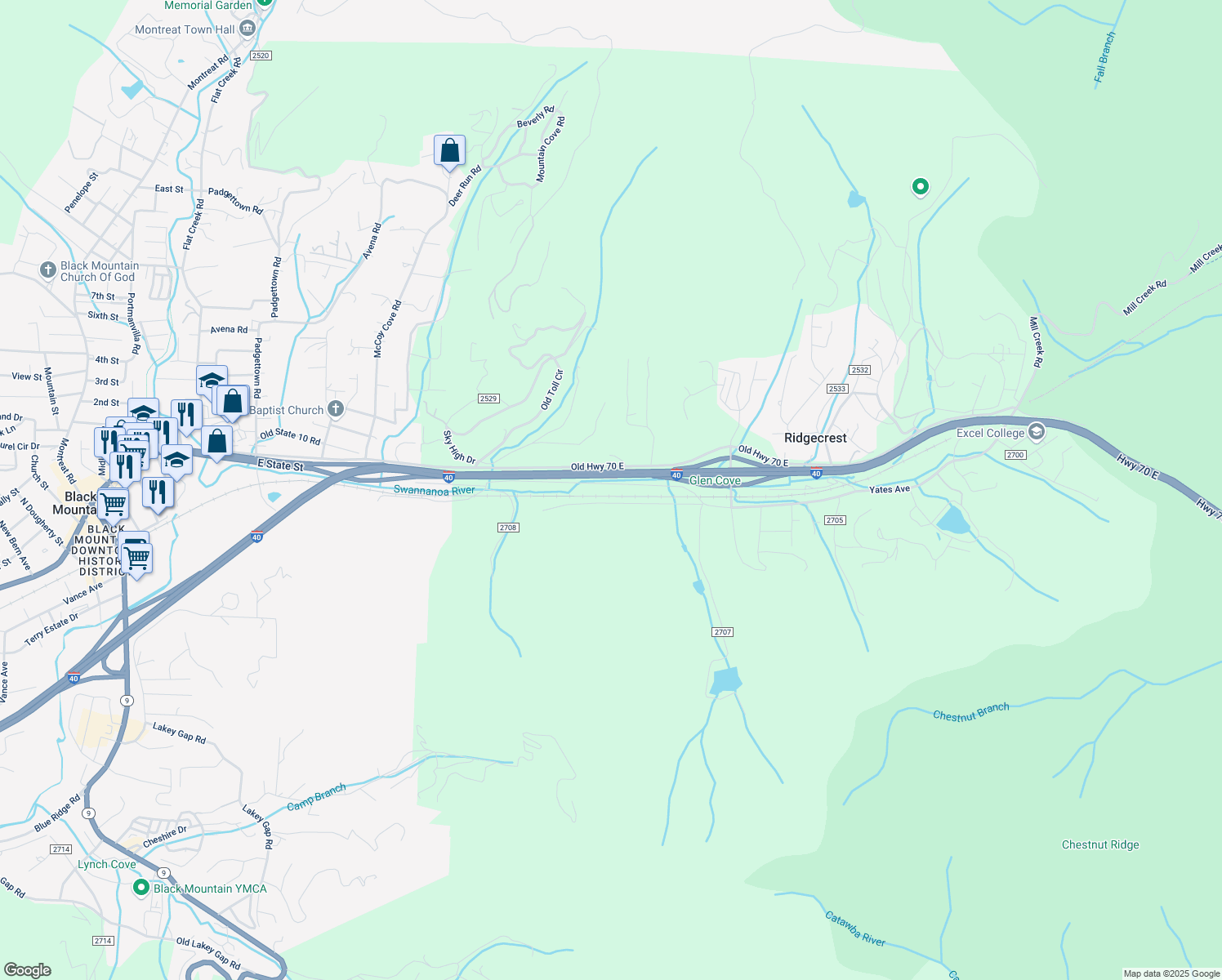 map of restaurants, bars, coffee shops, grocery stores, and more near 3151 Old US Highway 70 in Black Mountain