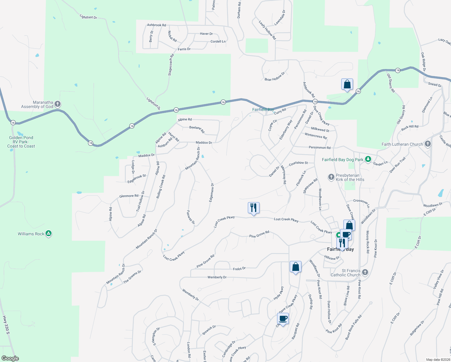 map of restaurants, bars, coffee shops, grocery stores, and more near 114 Edgemere Loop in Fairfield Bay