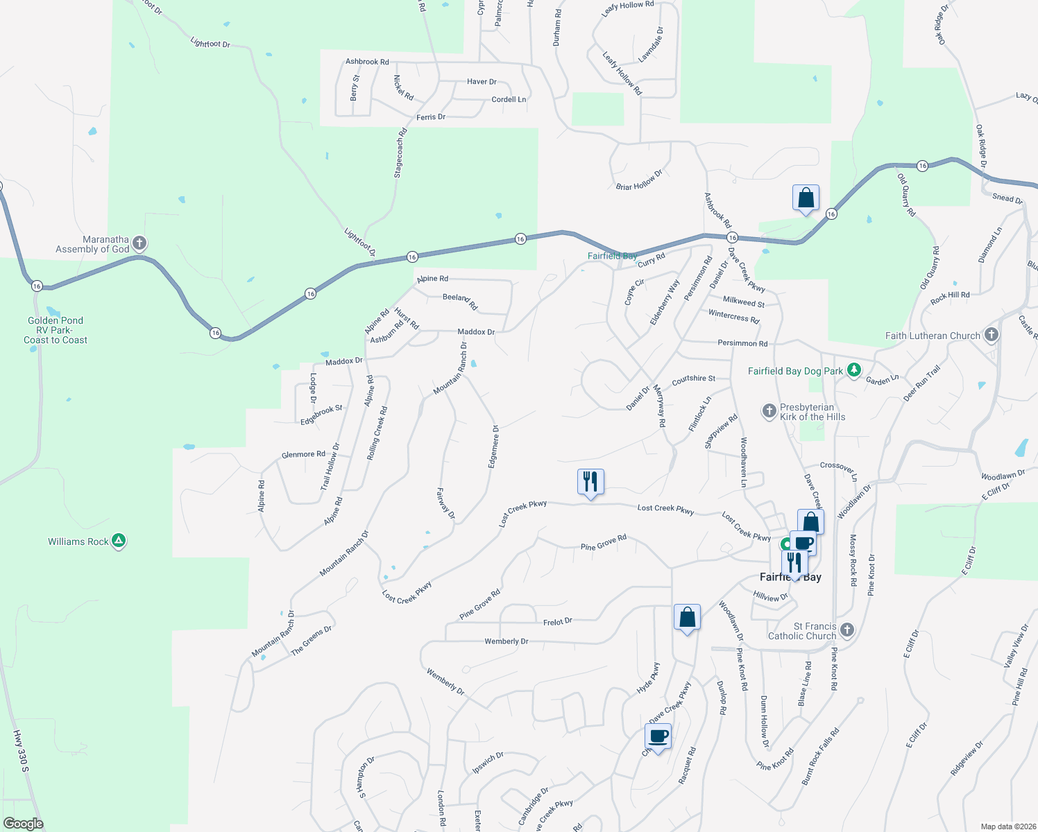 map of restaurants, bars, coffee shops, grocery stores, and more near 114 Edgemere Loop in Fairfield Bay