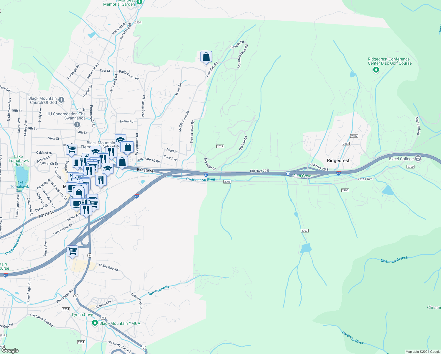 map of restaurants, bars, coffee shops, grocery stores, and more near 3298 Old US Highway 70 West in Black Mountain