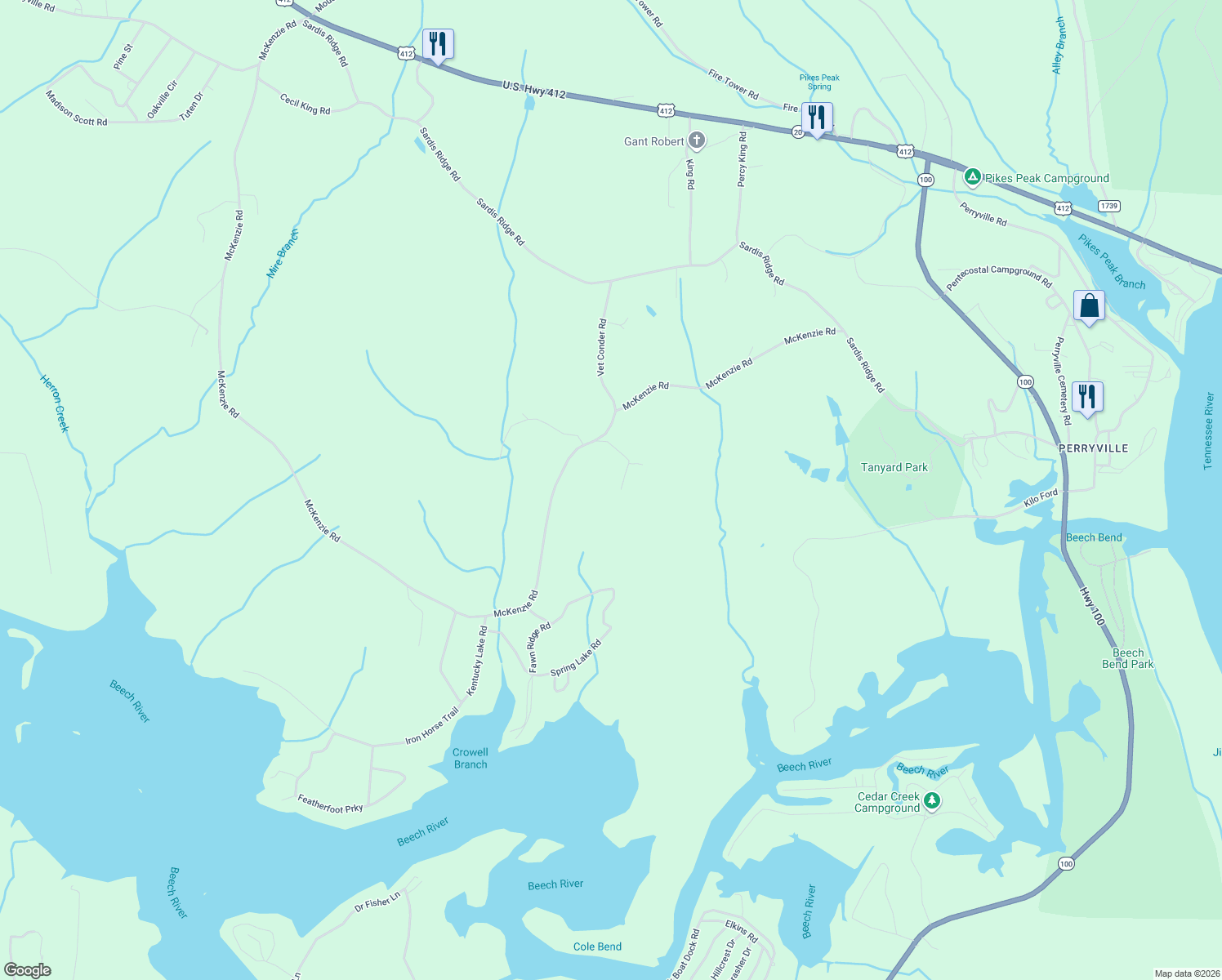 map of restaurants, bars, coffee shops, grocery stores, and more near 2982 McKenzie Road in Parsons