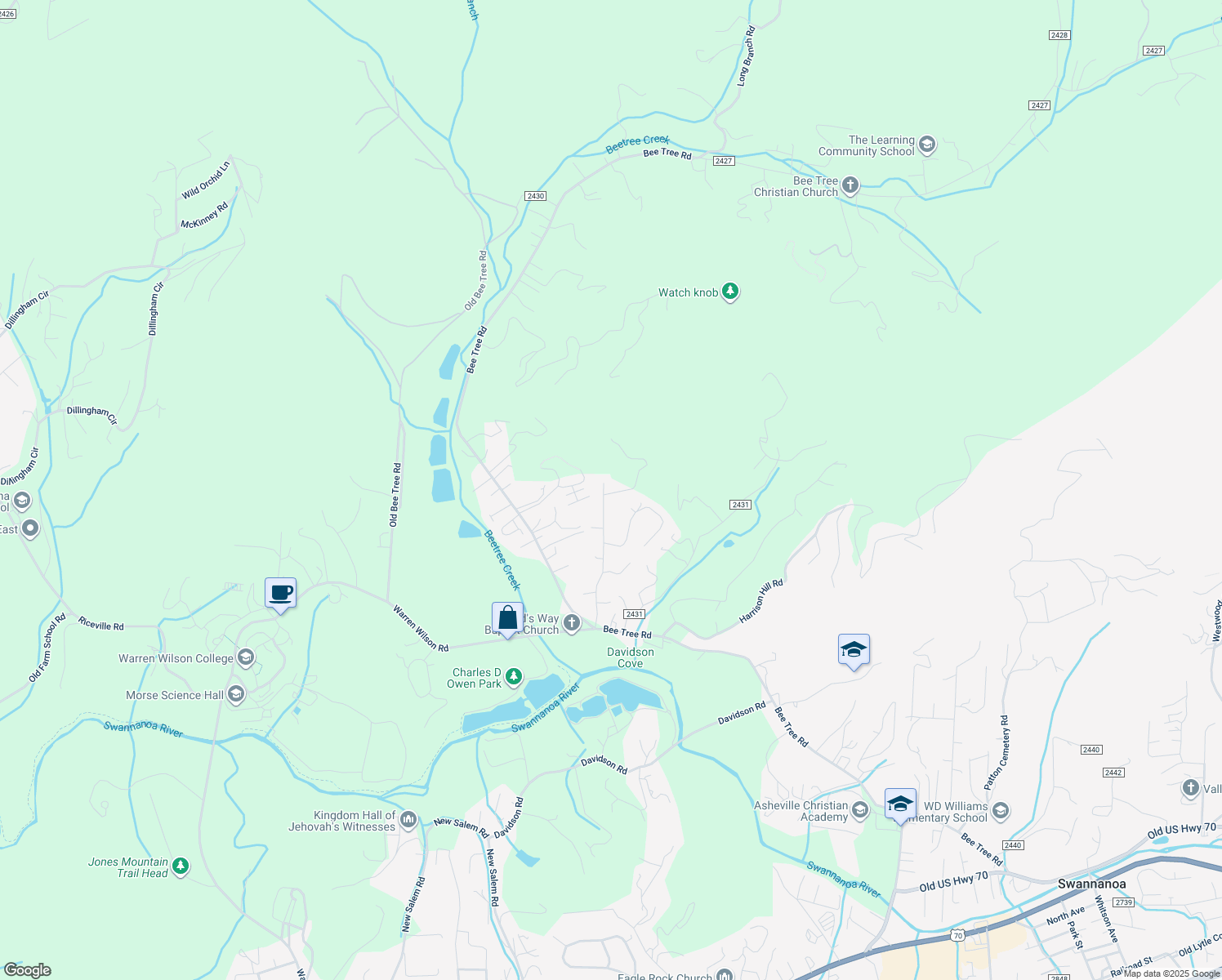 map of restaurants, bars, coffee shops, grocery stores, and more near 42 Sunset Drive in Swannanoa