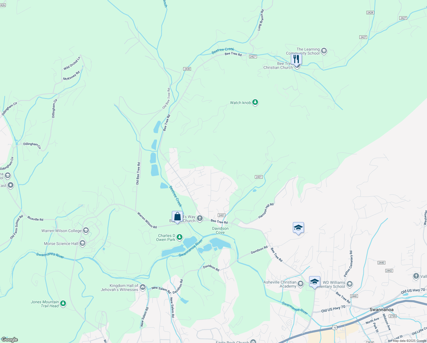 map of restaurants, bars, coffee shops, grocery stores, and more near 42 Sunset Drive in Swannanoa
