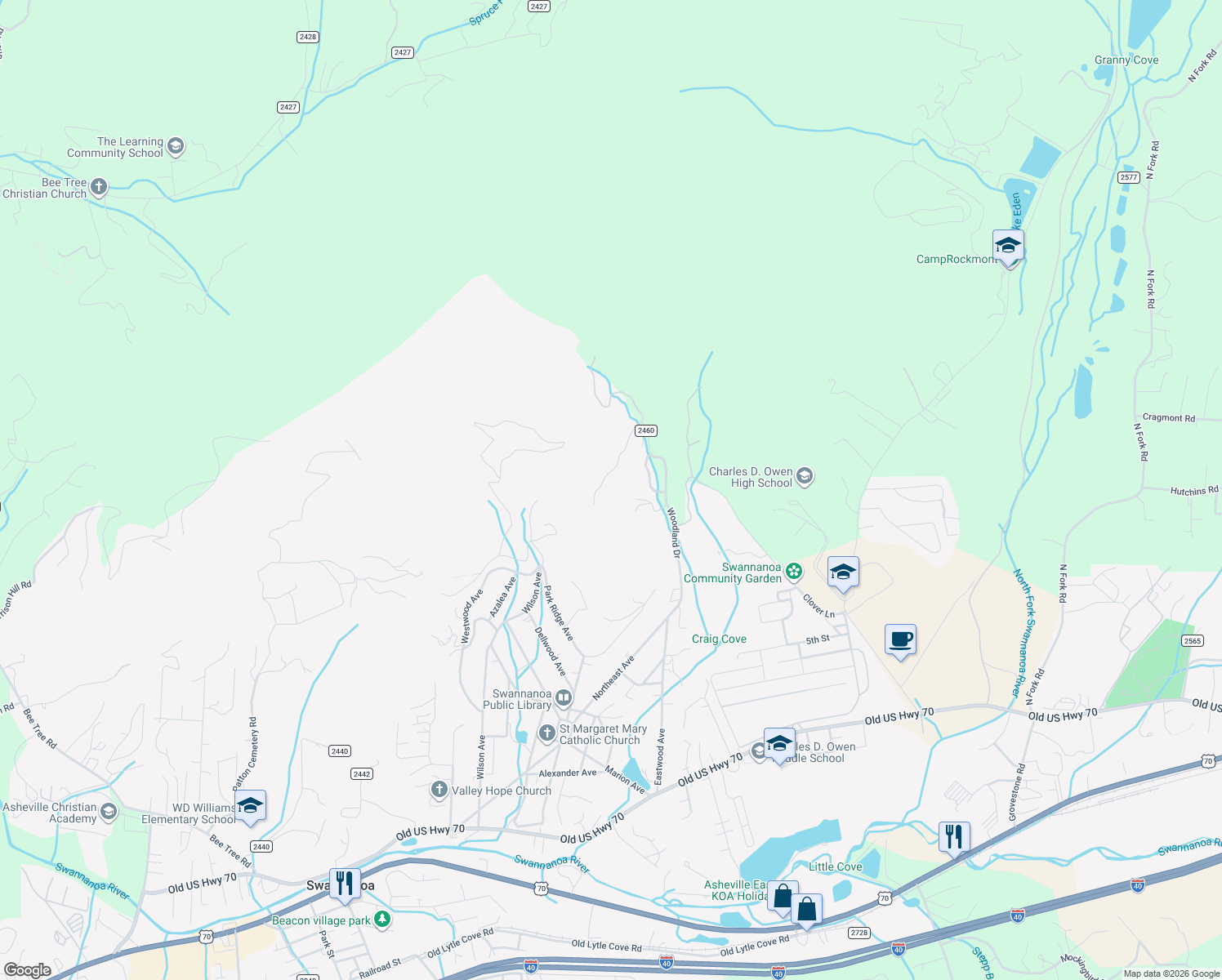 map of restaurants, bars, coffee shops, grocery stores, and more near 52 Hope View Road in Swannanoa