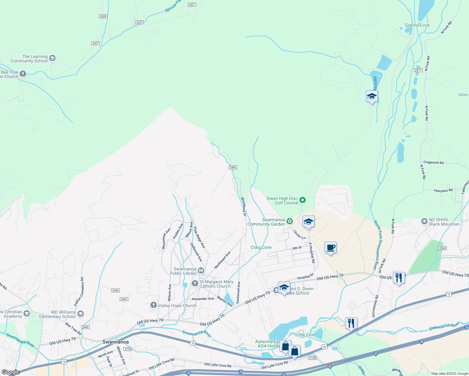 map of restaurants, bars, coffee shops, grocery stores, and more near 11 Rocky Creek Trail in Swannanoa