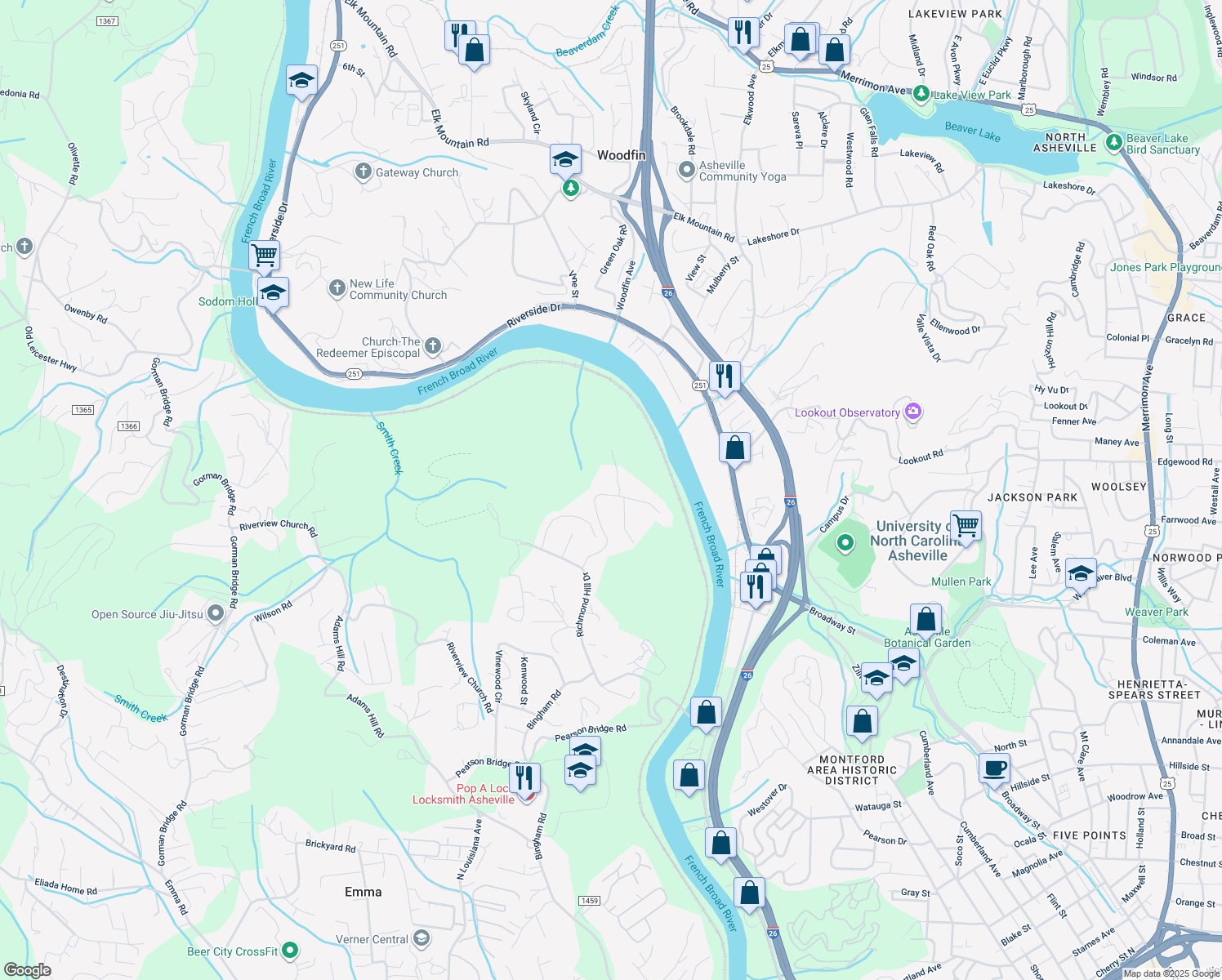 map of restaurants, bars, coffee shops, grocery stores, and more near 40 Rolling Oaks Drive in Asheville