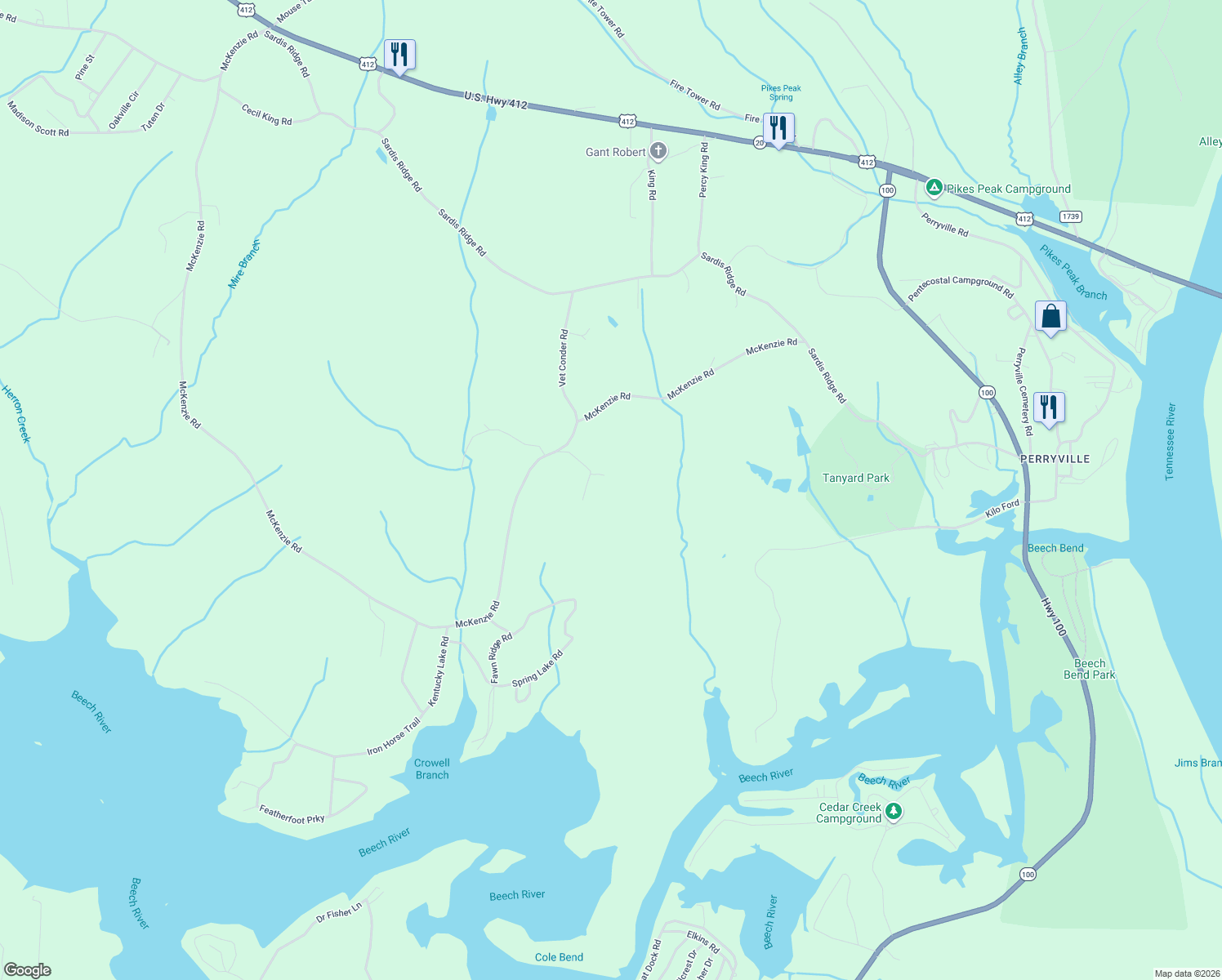 map of restaurants, bars, coffee shops, grocery stores, and more near 2982 McKenzie Road in Parsons