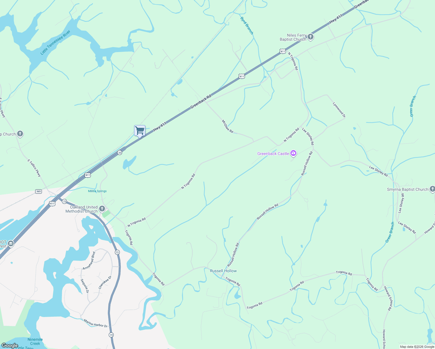 map of restaurants, bars, coffee shops, grocery stores, and more near 6239 North Trigonia Road in Greenback