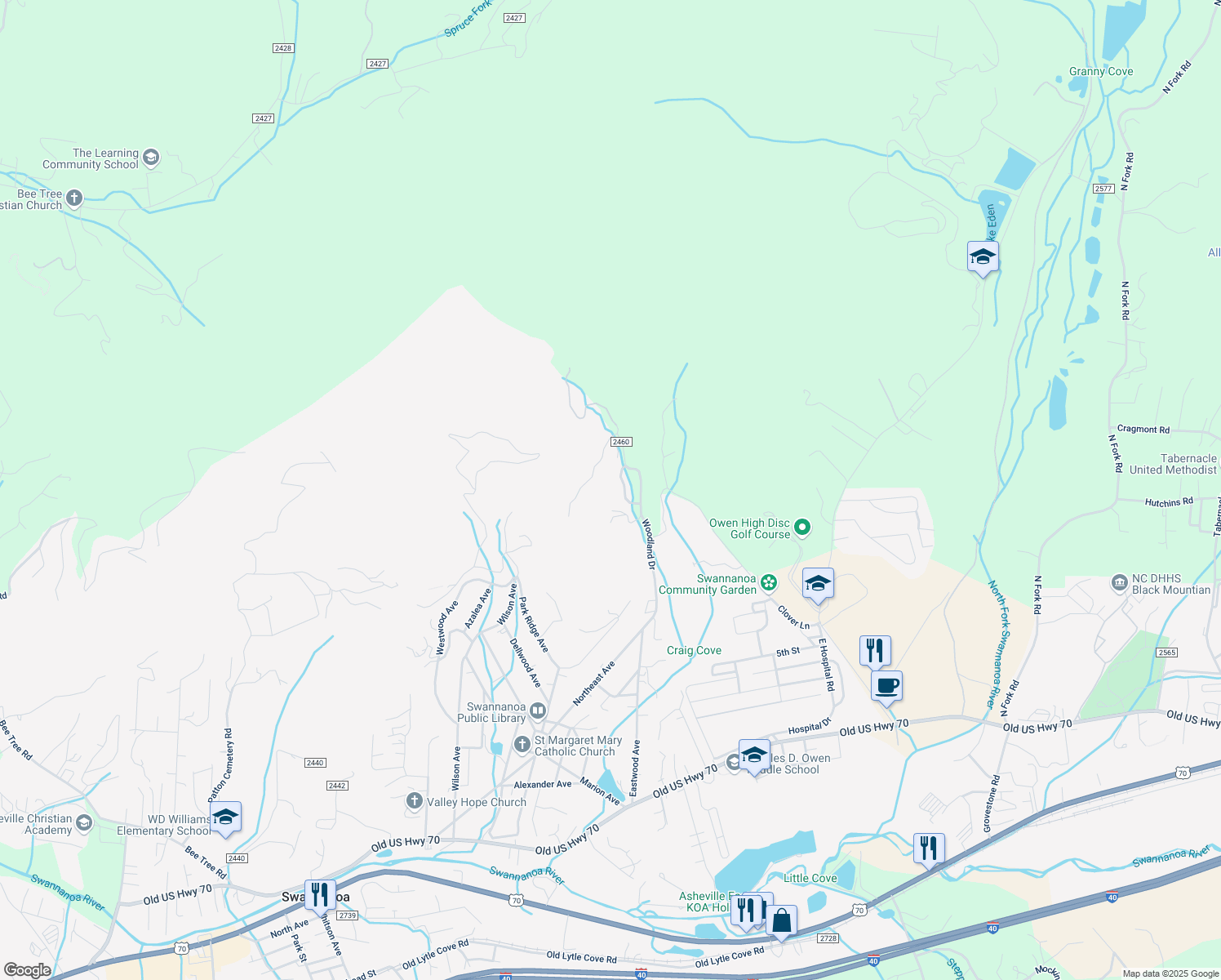 map of restaurants, bars, coffee shops, grocery stores, and more near 20 Rocky Creek Trail in Swannanoa