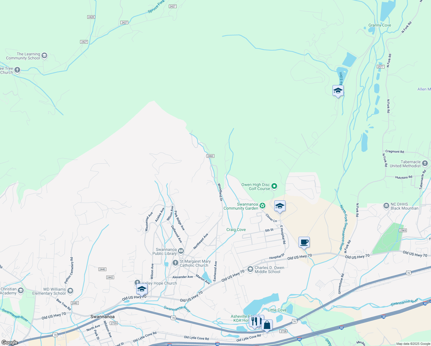 map of restaurants, bars, coffee shops, grocery stores, and more near 11 Rocky Creek Trail in Swannanoa