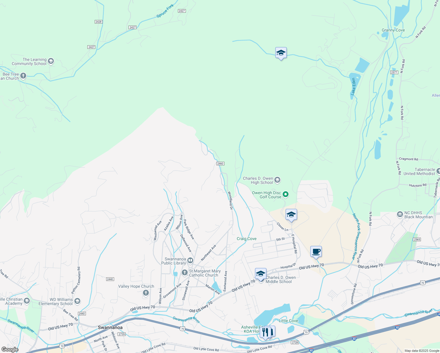 map of restaurants, bars, coffee shops, grocery stores, and more near 26 Rocky Creek Trail in Swannanoa