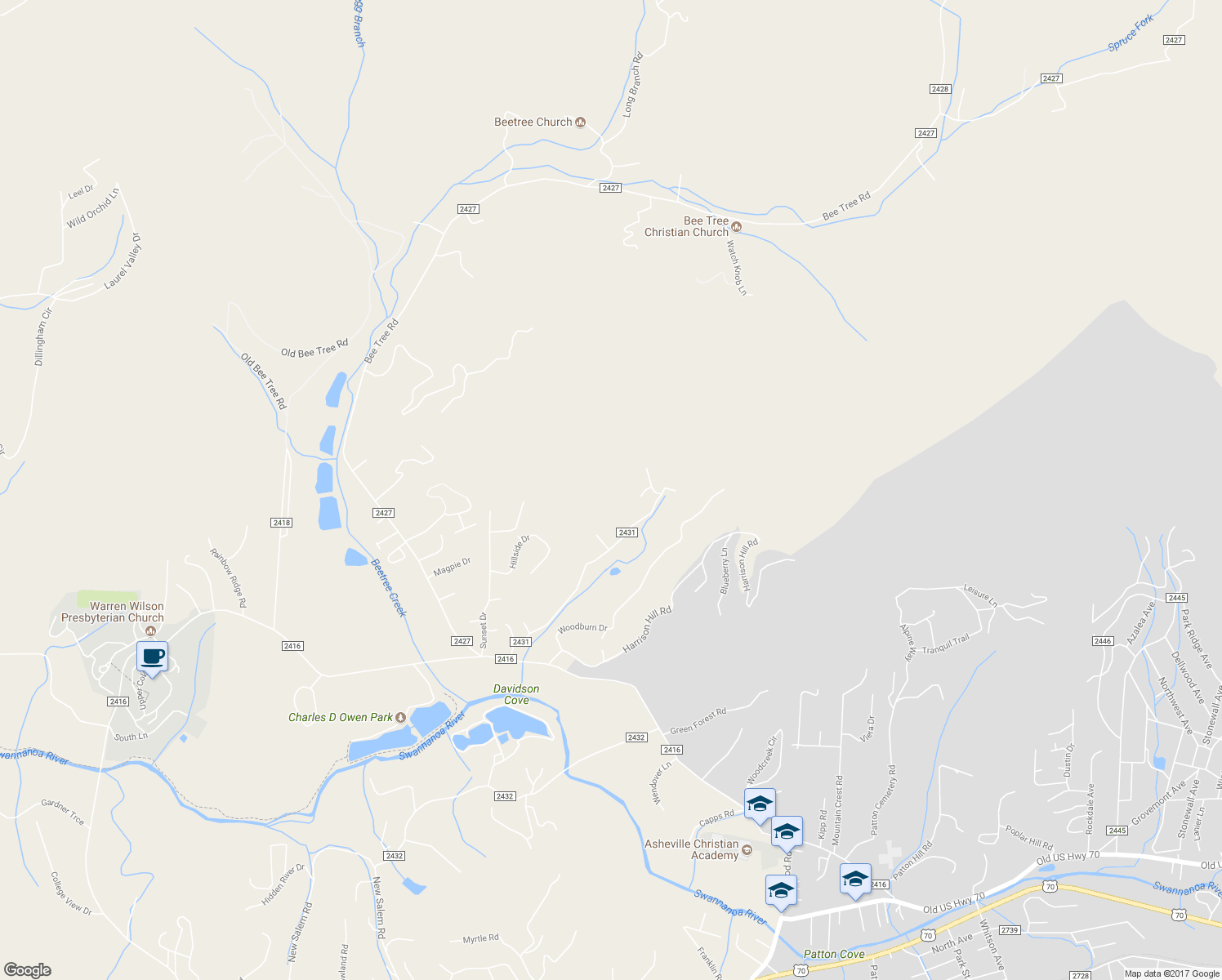 map of restaurants, bars, coffee shops, grocery stores, and more near 164 Riddle Road in Swannanoa
