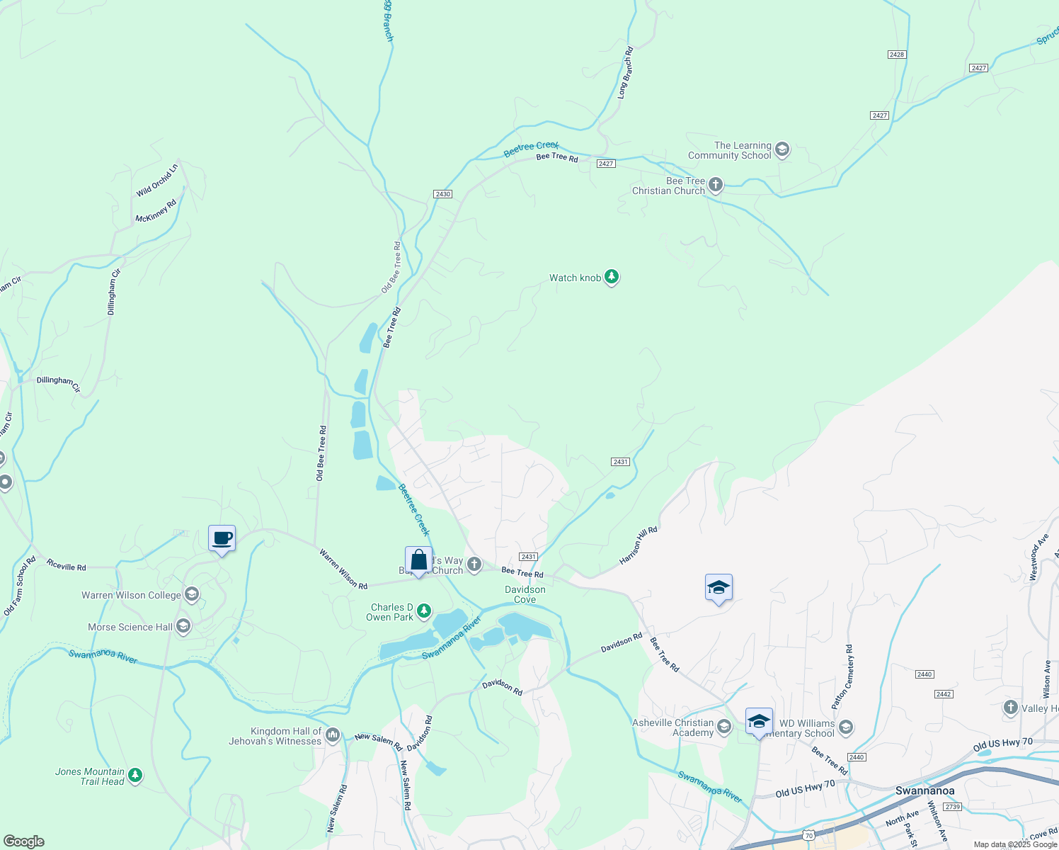 map of restaurants, bars, coffee shops, grocery stores, and more near 300 Bowling Country Road in Swannanoa