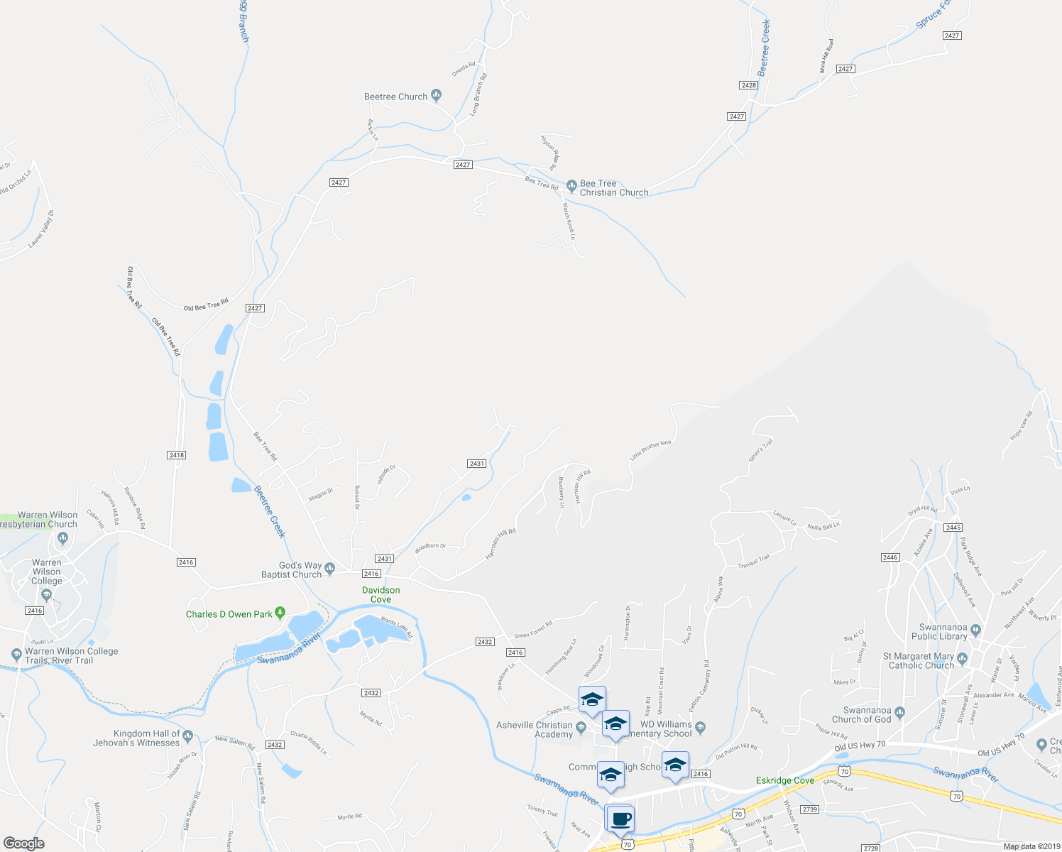 map of restaurants, bars, coffee shops, grocery stores, and more near 19 Banks Hill Road in Swannanoa