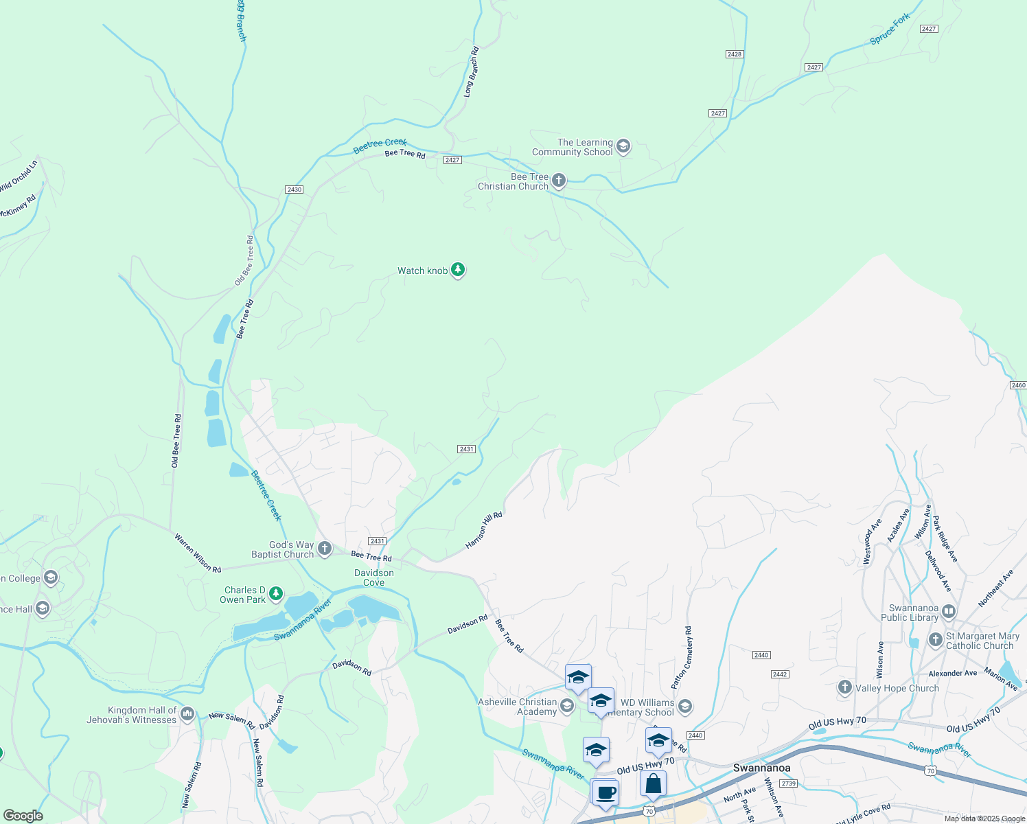 map of restaurants, bars, coffee shops, grocery stores, and more near 19 Banks Hill Road in Swannanoa