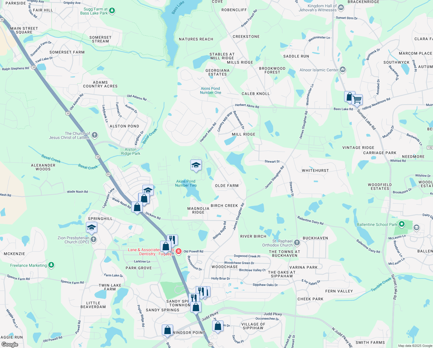 map of restaurants, bars, coffee shops, grocery stores, and more near 2041 Herbert Akins Road in Fuquay Varina