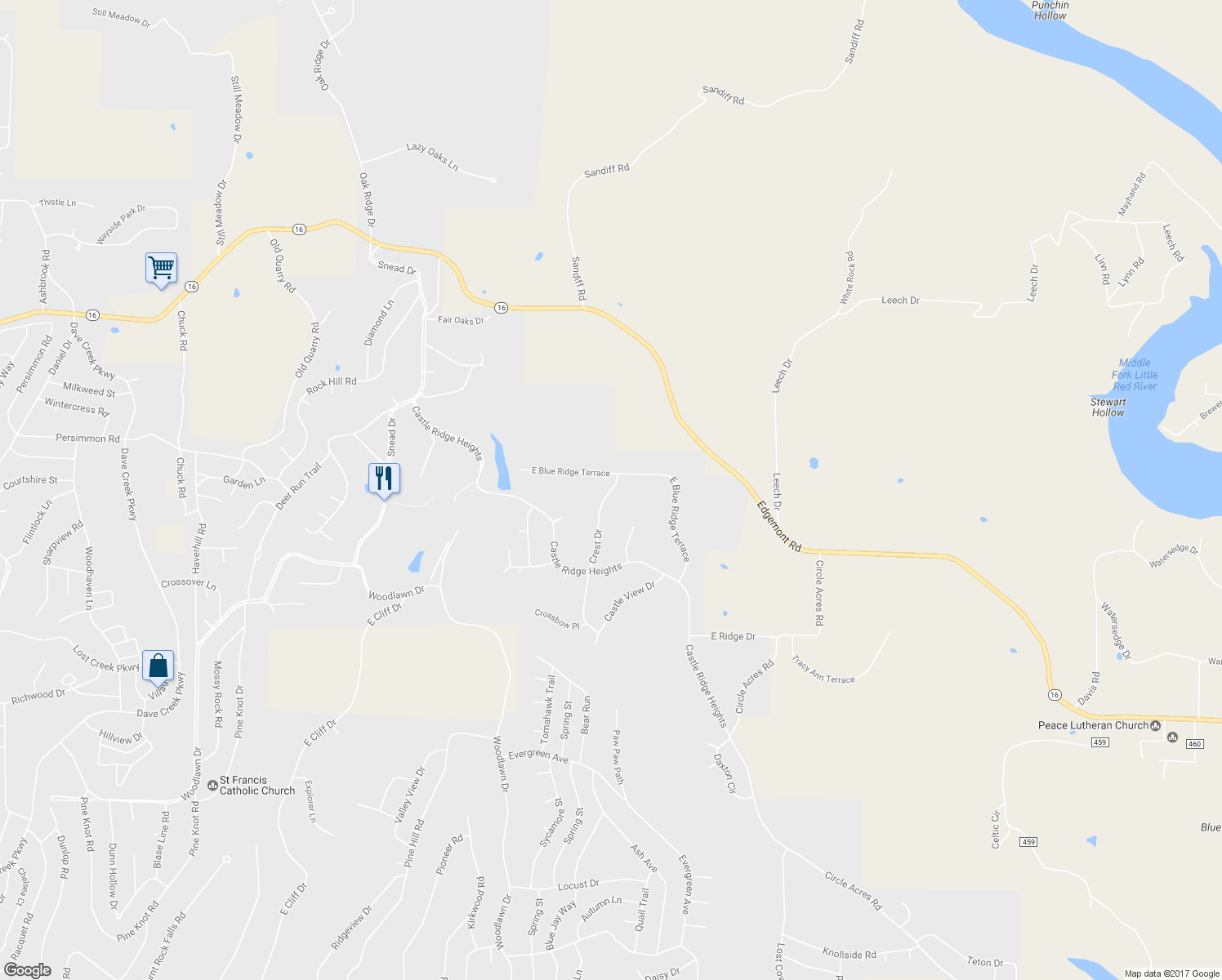 map of restaurants, bars, coffee shops, grocery stores, and more near 128 Crest Drive in Fairfield Bay
