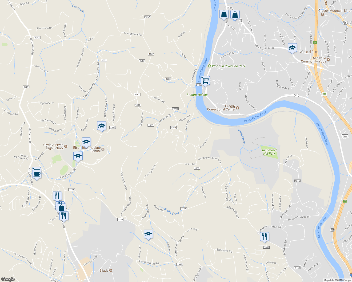 map of restaurants, bars, coffee shops, grocery stores, and more near 18 Timber Moss Drive in Asheville