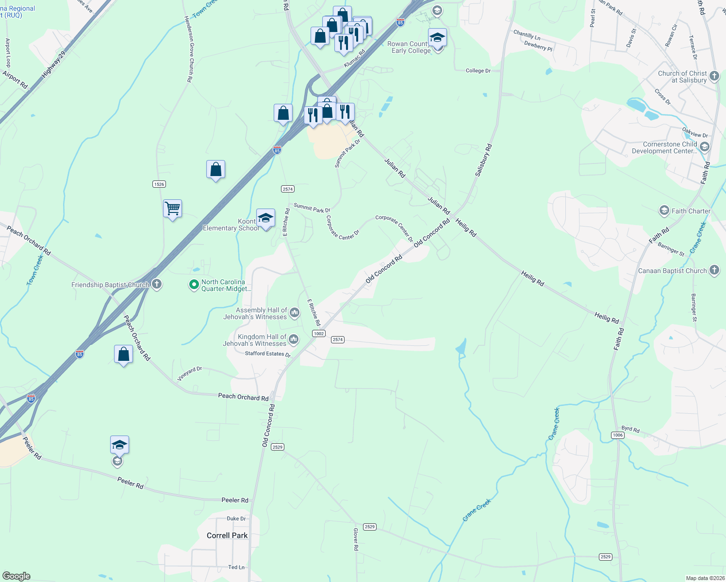 map of restaurants, bars, coffee shops, grocery stores, and more near 3014 Old Concord Road in Salisbury