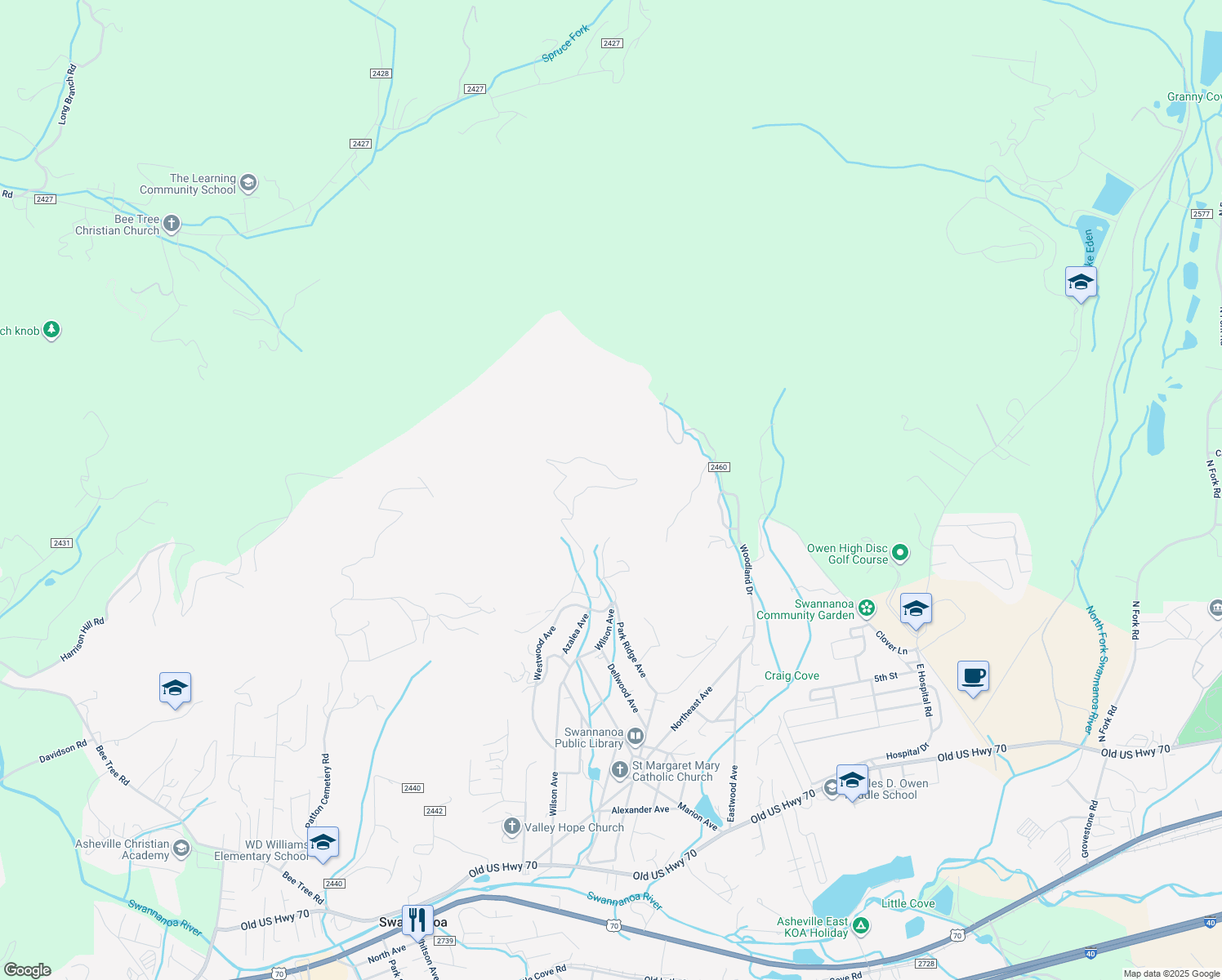 map of restaurants, bars, coffee shops, grocery stores, and more near 97 Sassafras Valley Road in Swannanoa