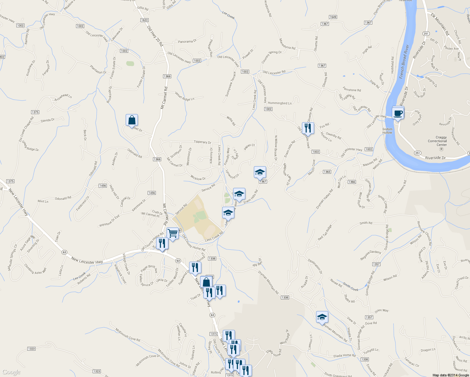 map of restaurants, bars, coffee shops, grocery stores, and more near 65 Lees Creek Road in Asheville