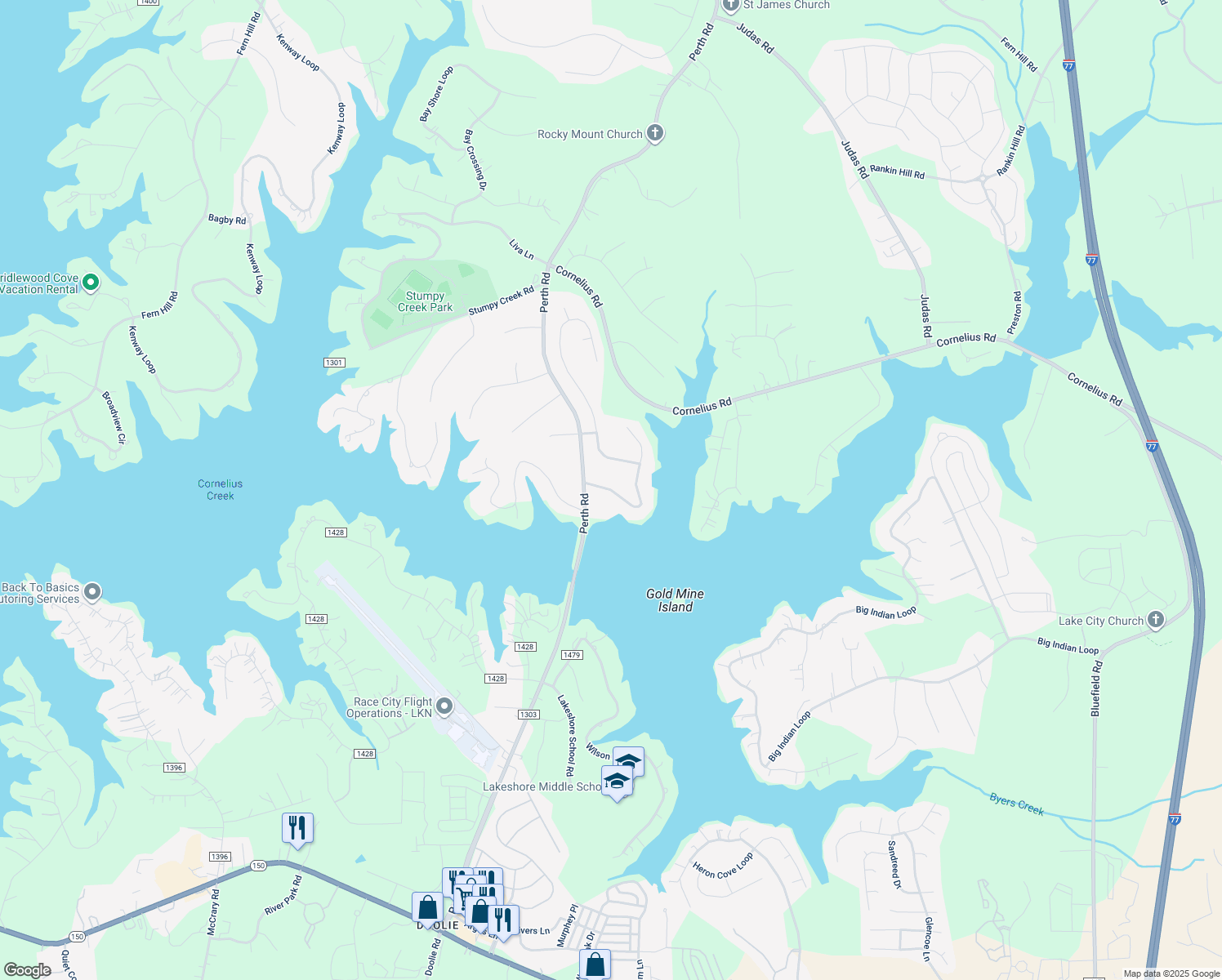 map of restaurants, bars, coffee shops, grocery stores, and more near Sagemore Road in Mooresville