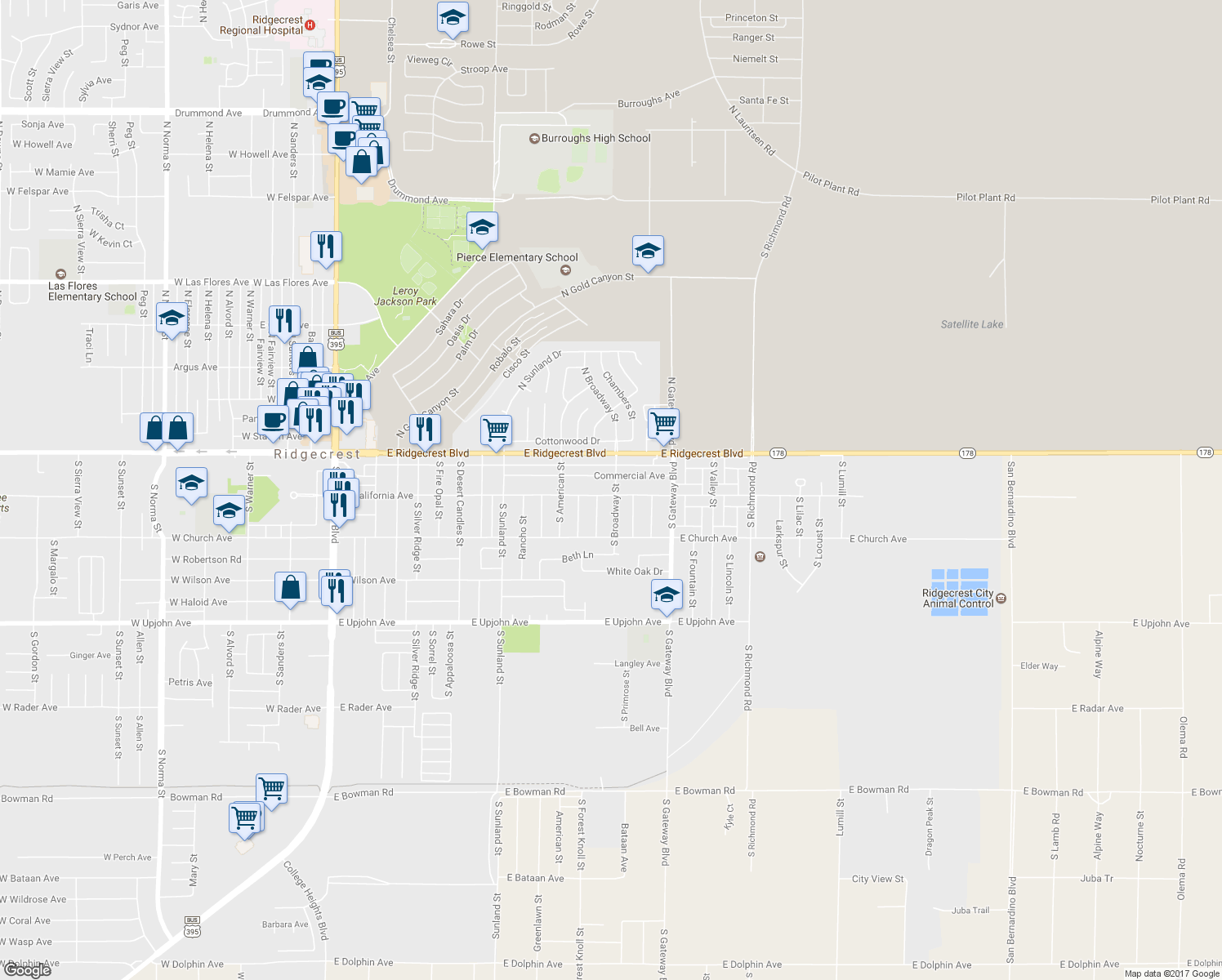 map of restaurants, bars, coffee shops, grocery stores, and more near 135 South Broadway Street in Ridgecrest