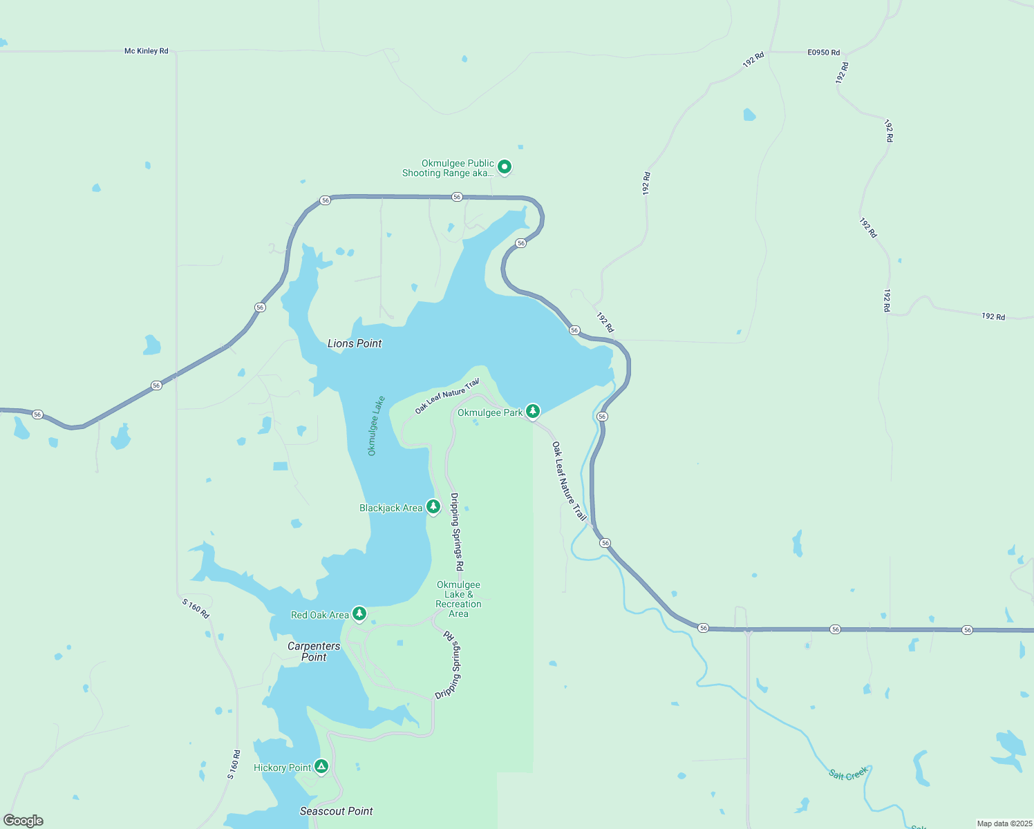 map of restaurants, bars, coffee shops, grocery stores, and more near Oak Leaf Nature Trail in Okmulgee