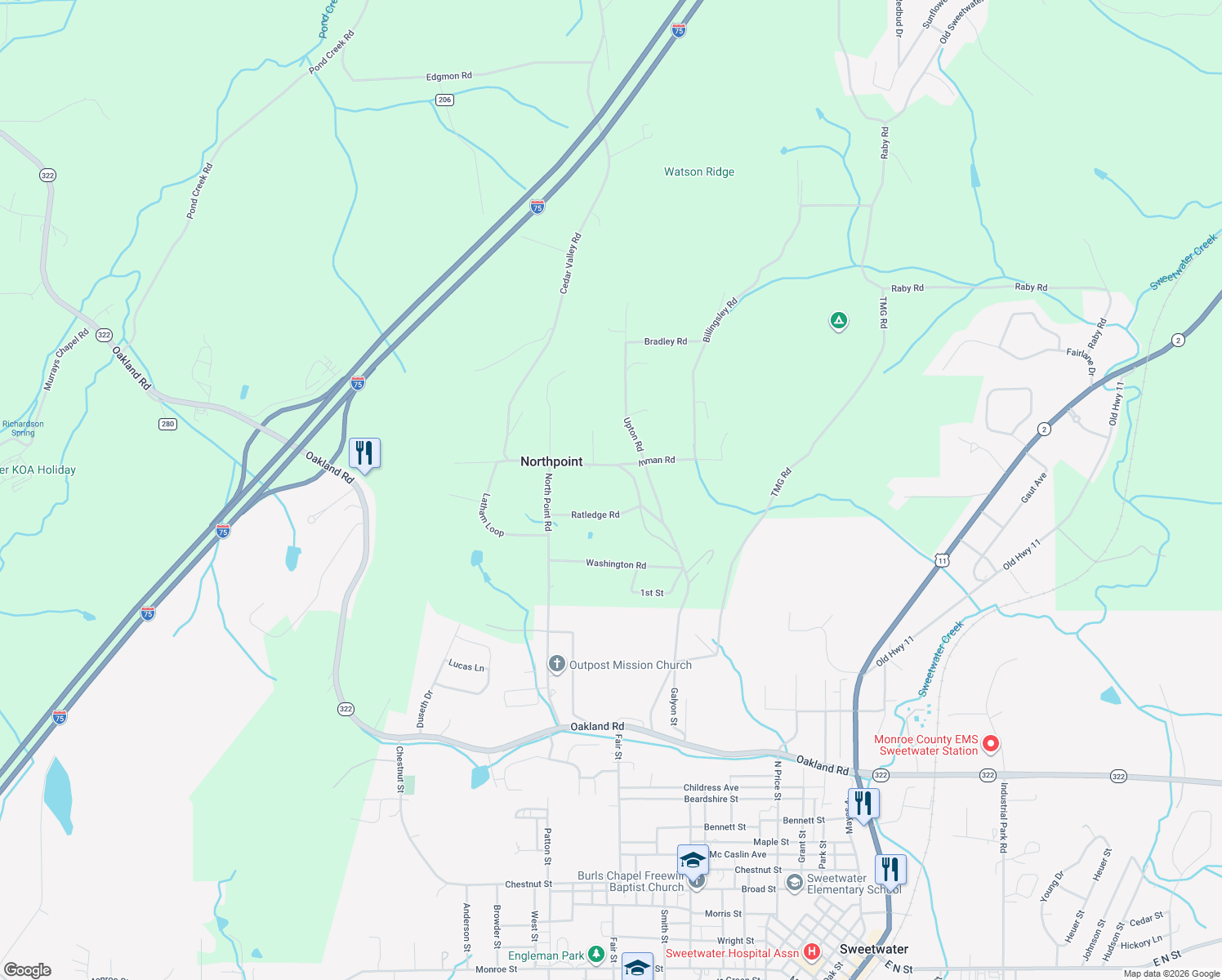 map of restaurants, bars, coffee shops, grocery stores, and more near 511 Cedar Valley Road in Sweetwater