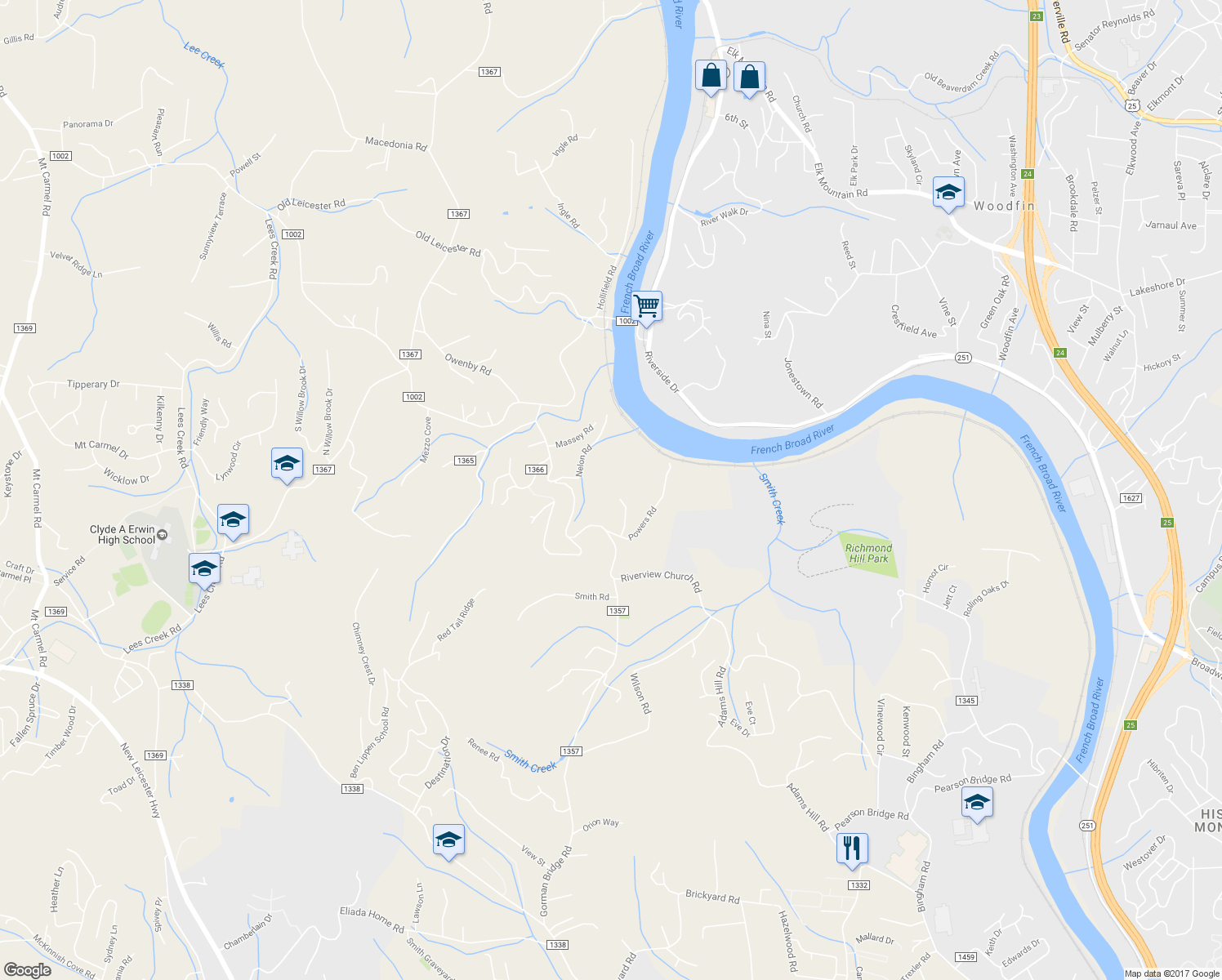 map of restaurants, bars, coffee shops, grocery stores, and more near 34 Red Tail Hawk Lane in Asheville