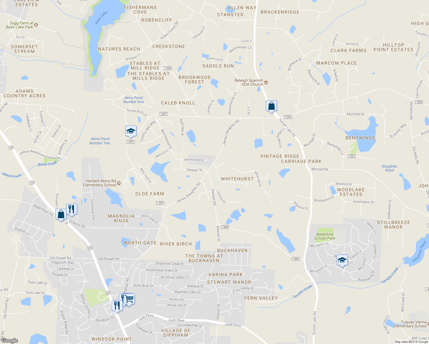 map of restaurants, bars, coffee shops, grocery stores, and more near 800 White Meadows Drive in Fuquay Varina