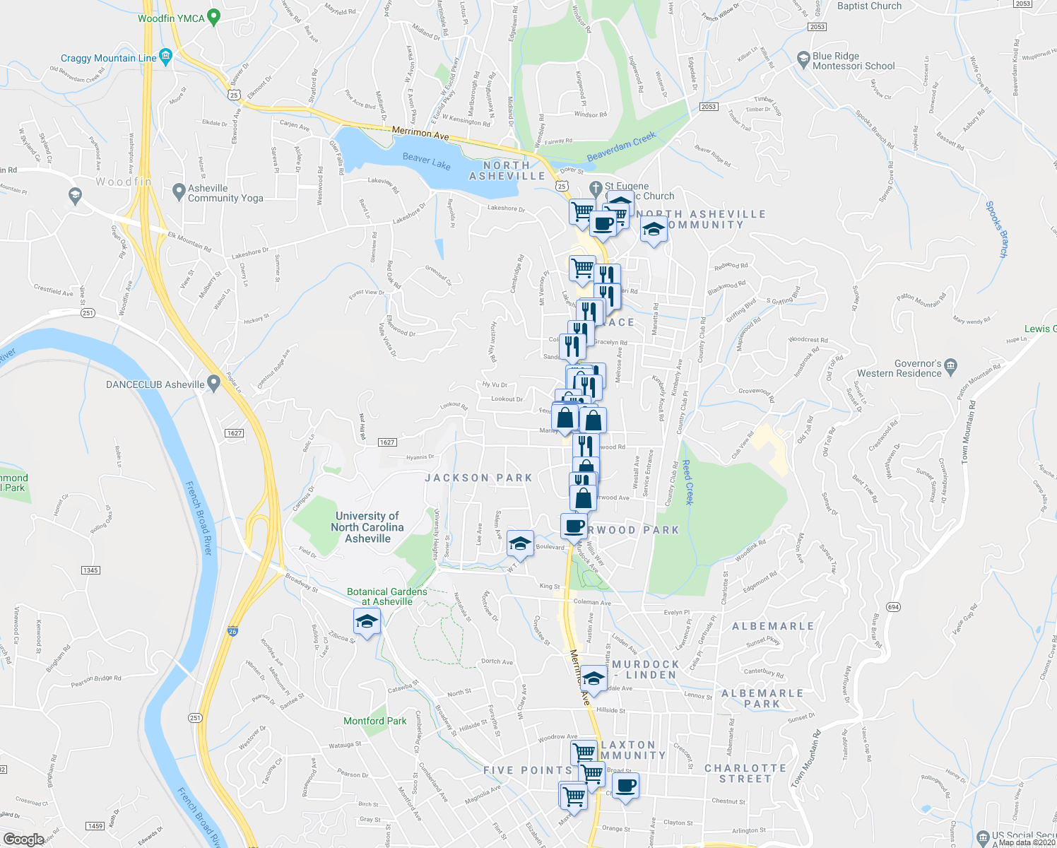 map of restaurants, bars, coffee shops, grocery stores, and more near 71 Maney Avenue in Asheville