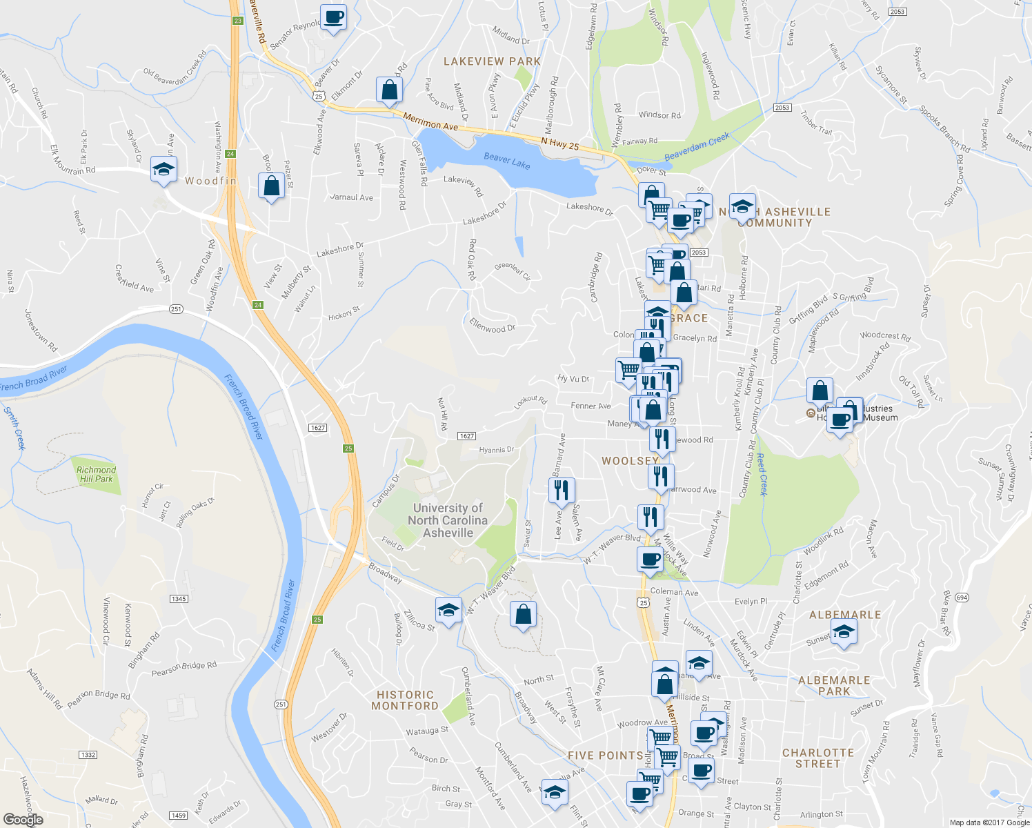 map of restaurants, bars, coffee shops, grocery stores, and more near 307 Barnard Avenue in Asheville