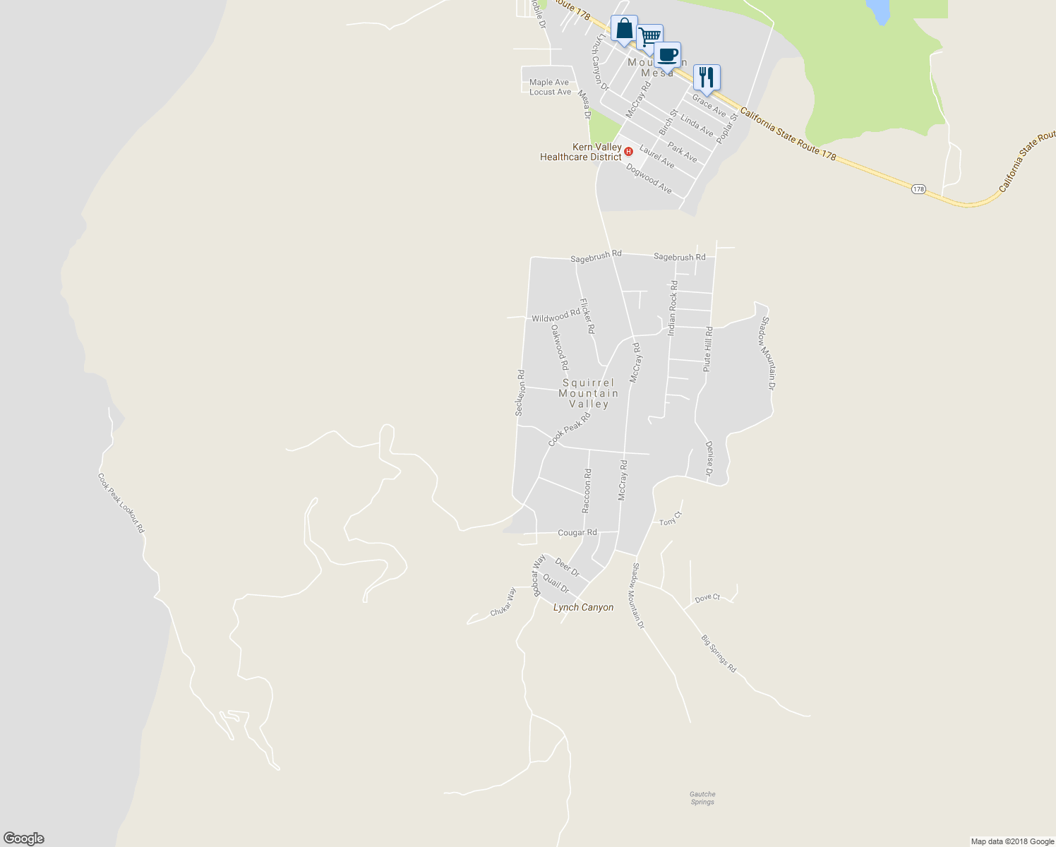map of restaurants, bars, coffee shops, grocery stores, and more near 6101 Juniper Road in Lake Isabella