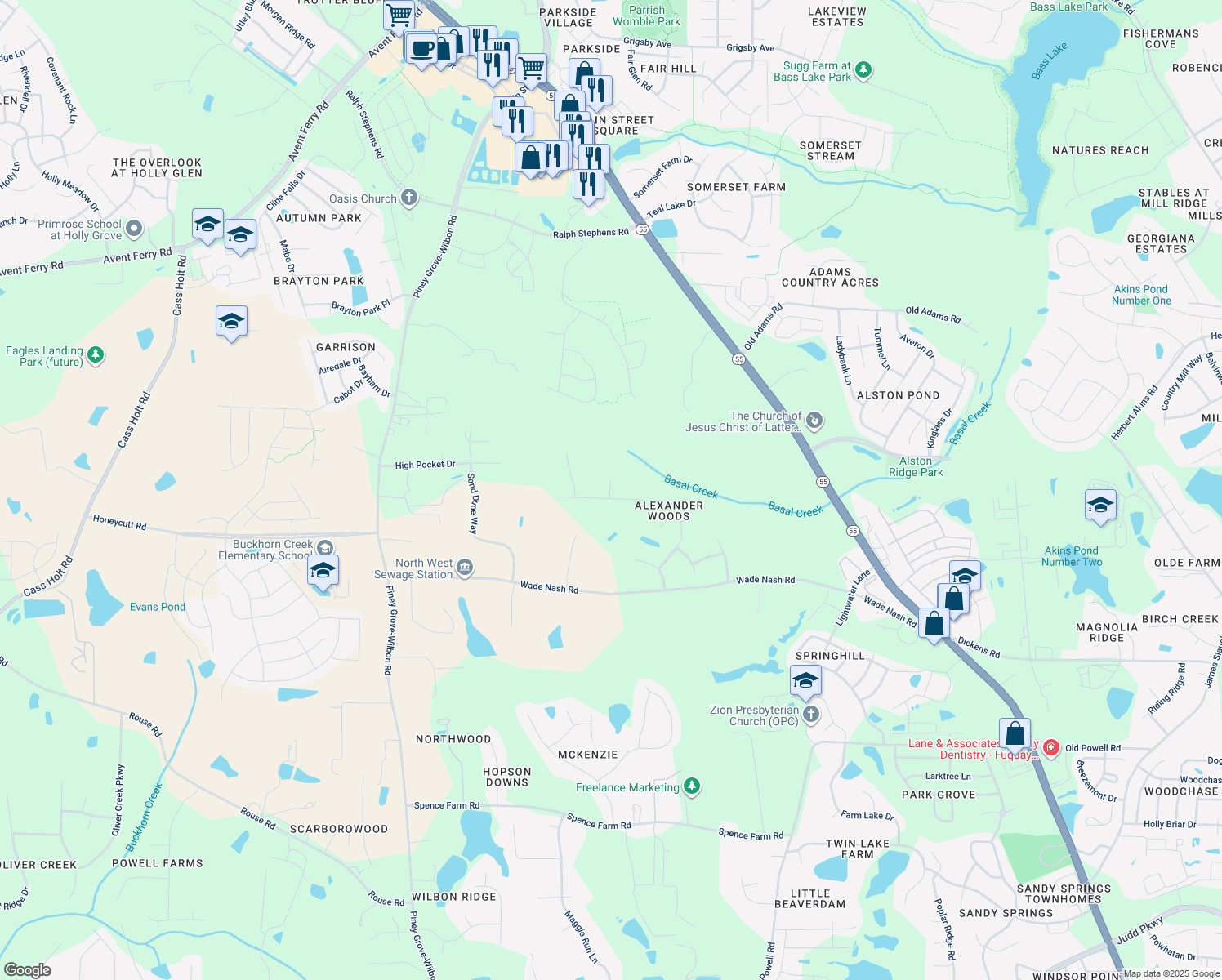 map of restaurants, bars, coffee shops, grocery stores, and more near 4600 Alhambra Place in Holly Springs