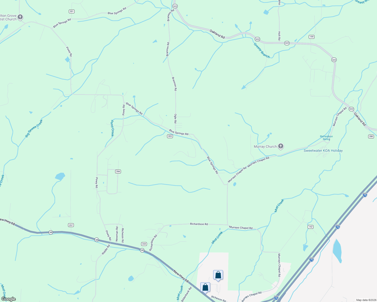 map of restaurants, bars, coffee shops, grocery stores, and more near 220 County Road 299 in Sweetwater