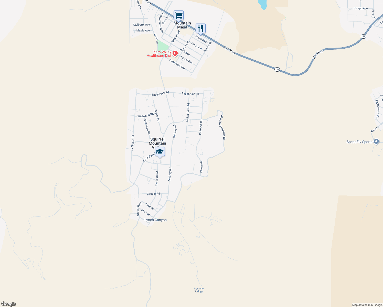 map of restaurants, bars, coffee shops, grocery stores, and more near 3303 Piute Hill Road in Lake Isabella