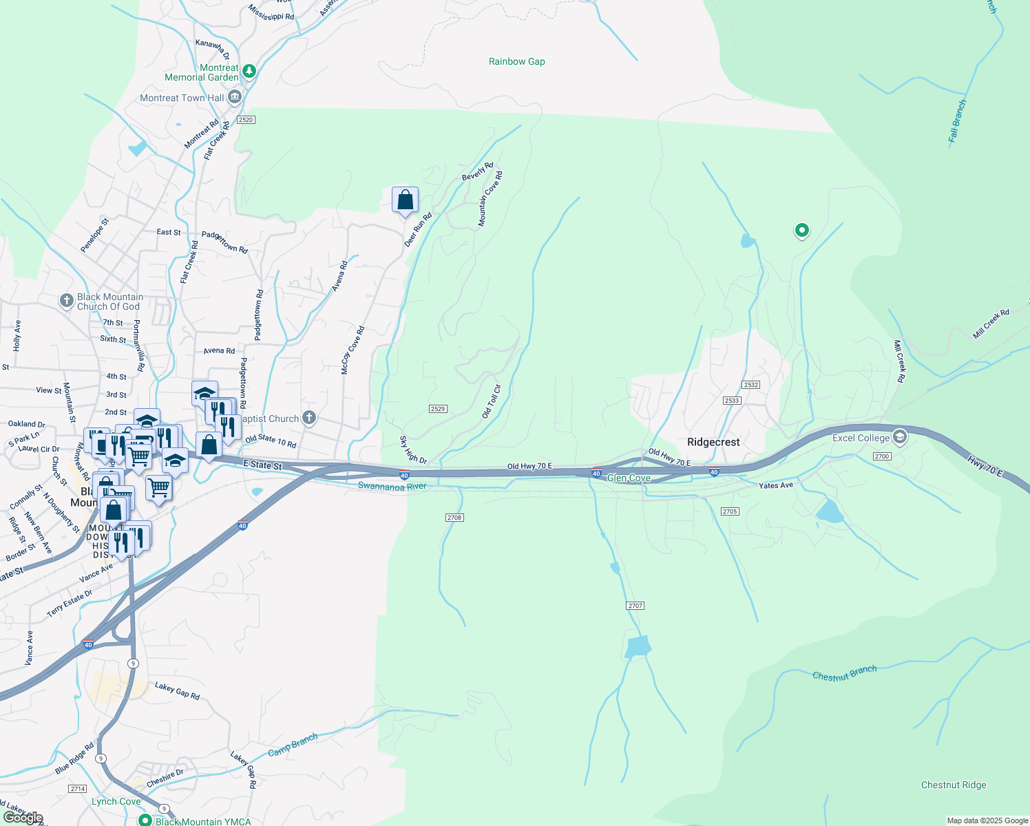 map of restaurants, bars, coffee shops, grocery stores, and more near 15 Sourwood Ridge Road in Black Mountain