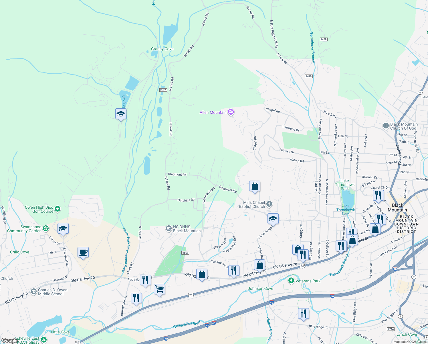 map of restaurants, bars, coffee shops, grocery stores, and more near 444 Cragmont Rd in Black Mountain