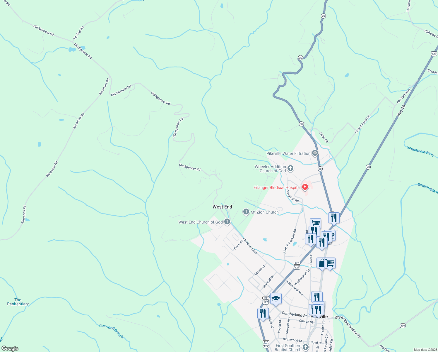map of restaurants, bars, coffee shops, grocery stores, and more near 566 Old Spencer Road in Pikeville