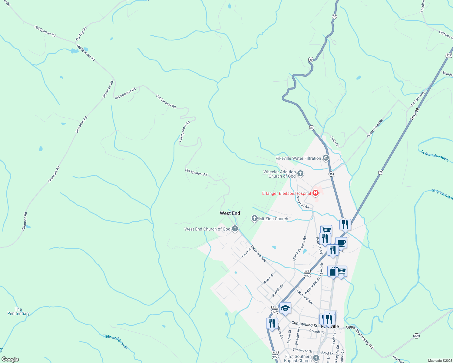 map of restaurants, bars, coffee shops, grocery stores, and more near 566 Old Spencer Road in Pikeville