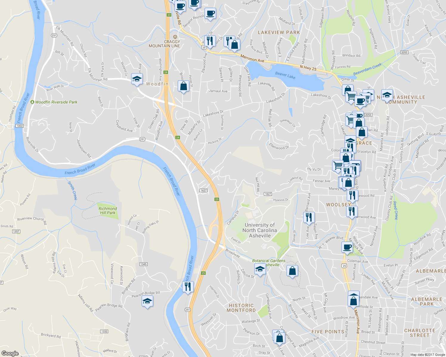 map of restaurants, bars, coffee shops, grocery stores, and more near 7 Apple Lane in Asheville