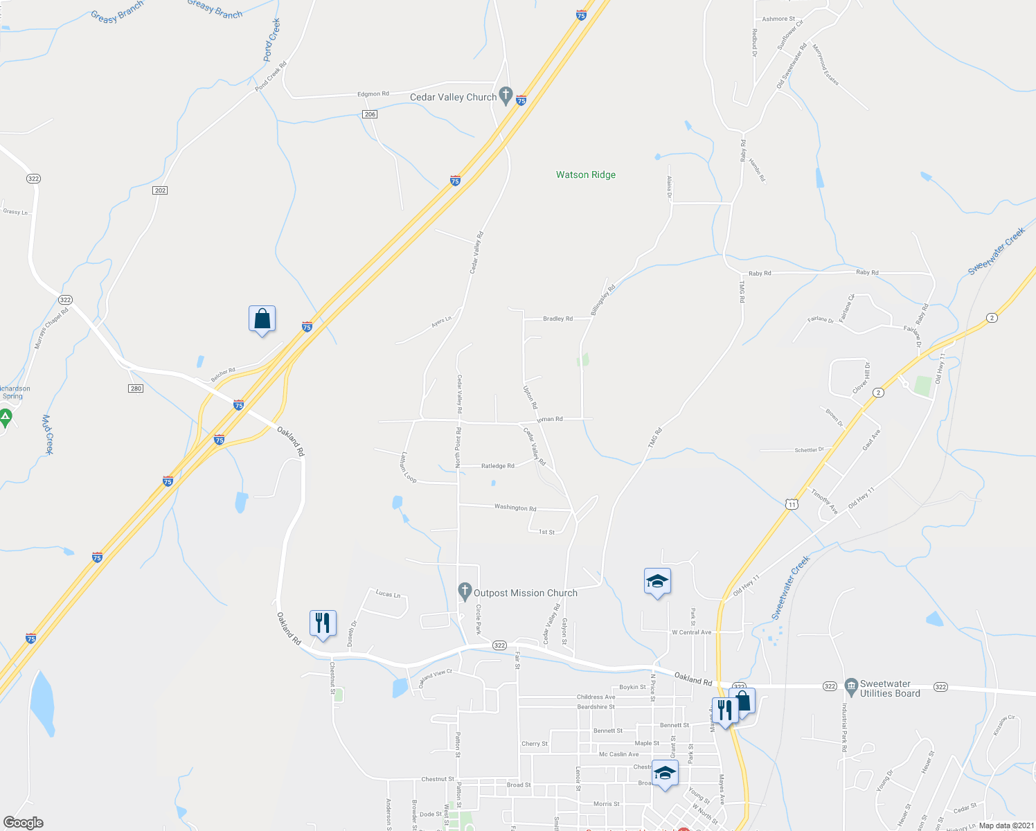 map of restaurants, bars, coffee shops, grocery stores, and more near 600 Cedar Valley Road in Sweetwater