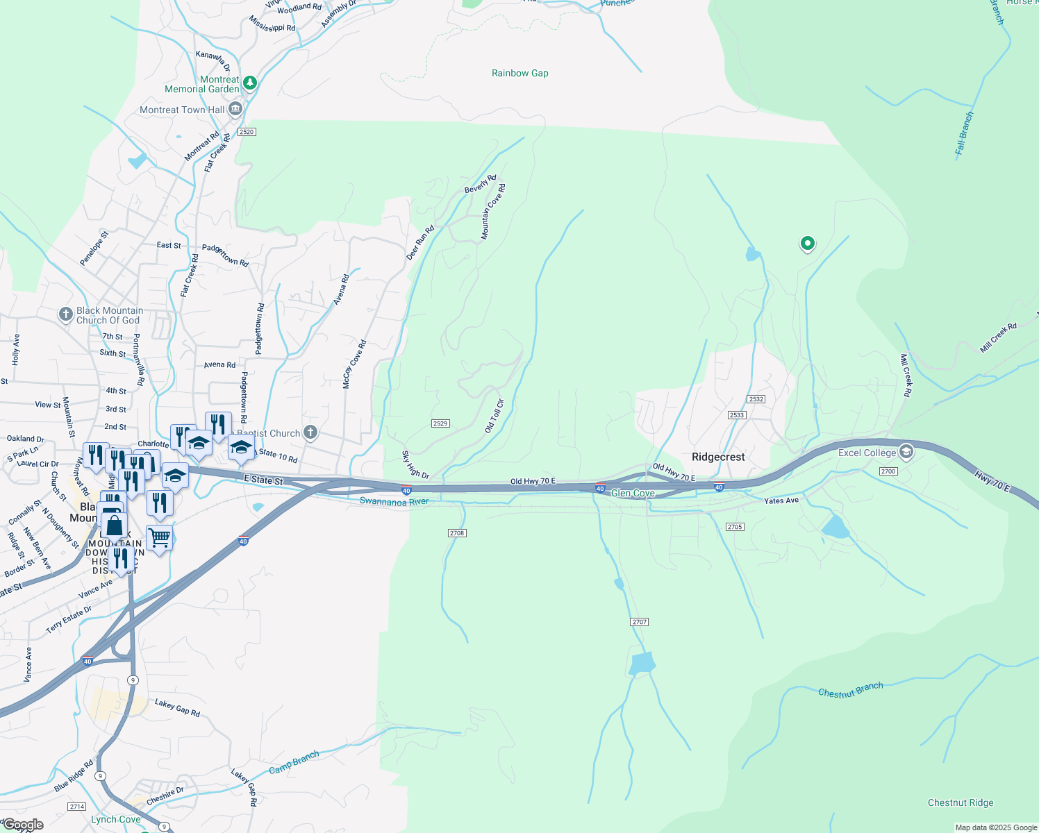 map of restaurants, bars, coffee shops, grocery stores, and more near 15 Sourwood Ridge Road in Black Mountain