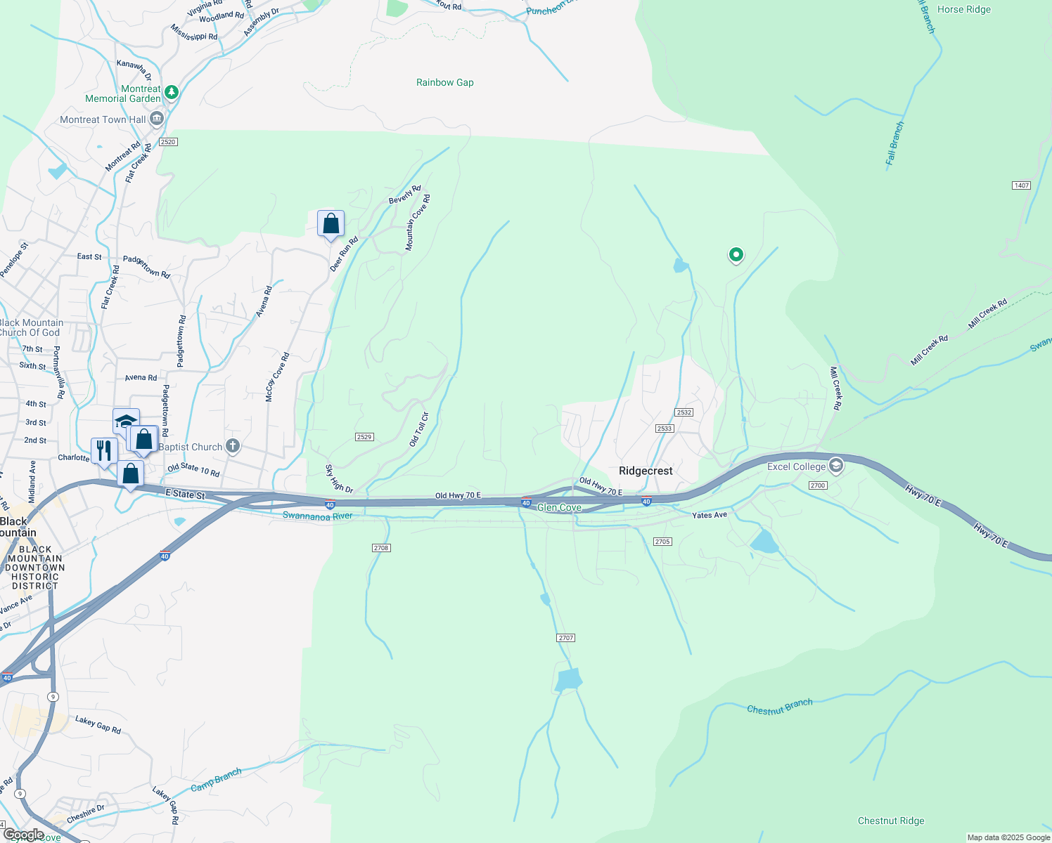 map of restaurants, bars, coffee shops, grocery stores, and more near 10 Circle Drive in Black Mountain