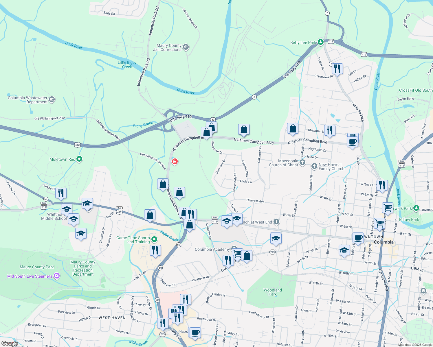 map of restaurants, bars, coffee shops, grocery stores, and more near 413 Shawnee Drive in Columbia