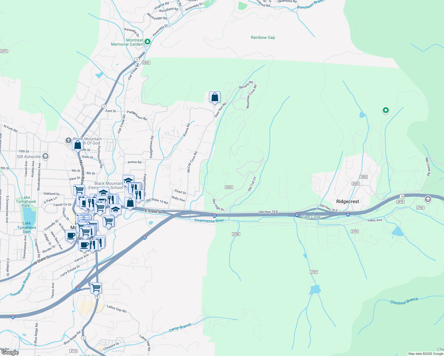 map of restaurants, bars, coffee shops, grocery stores, and more near 30 Sessler Road in Black Mountain