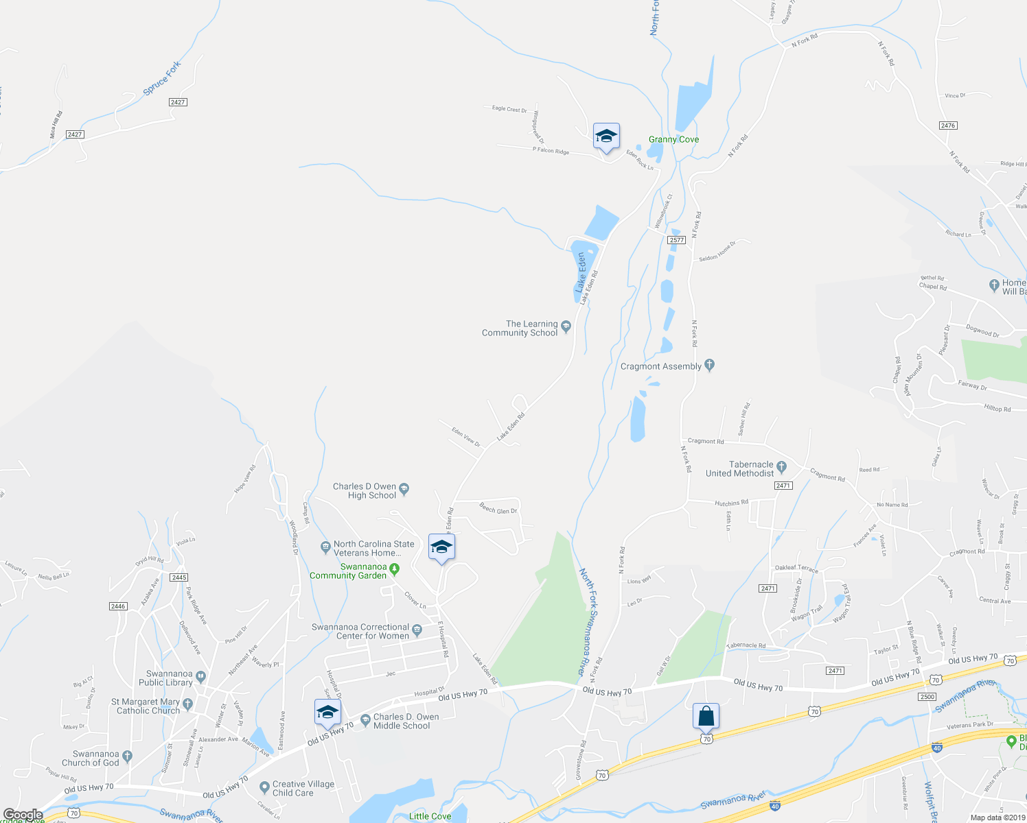 map of restaurants, bars, coffee shops, grocery stores, and more near 5 Lake Eden Circle in Black Mountain