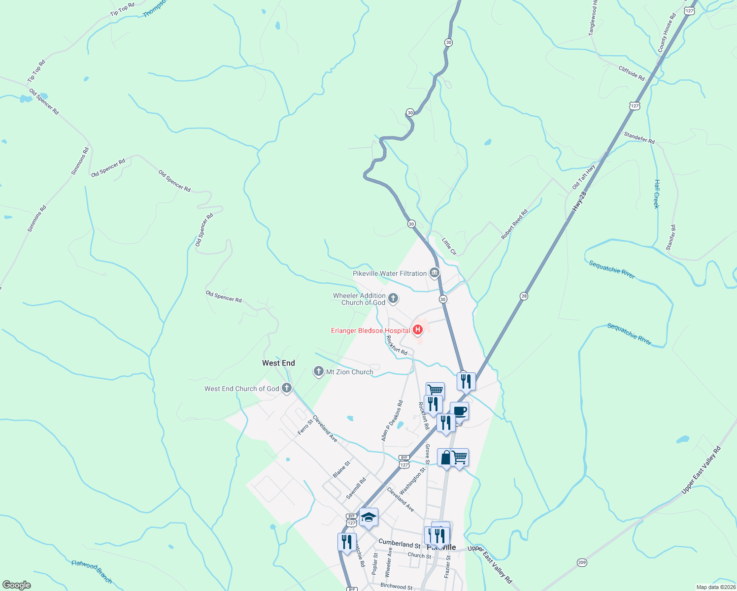 map of restaurants, bars, coffee shops, grocery stores, and more near 845 Rockfort Road in Pikeville